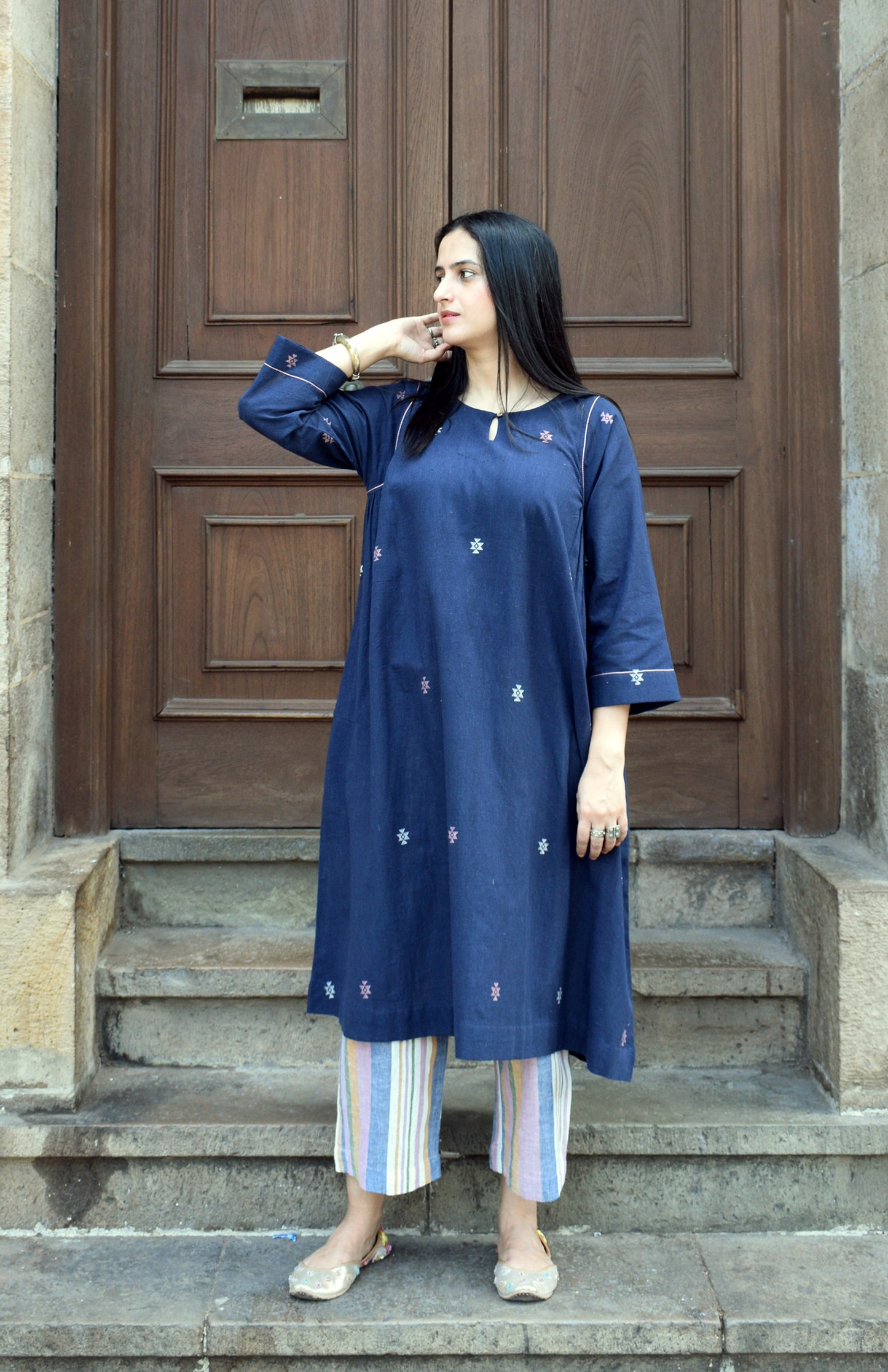 Navy blue kala cotton kurta with side gathers