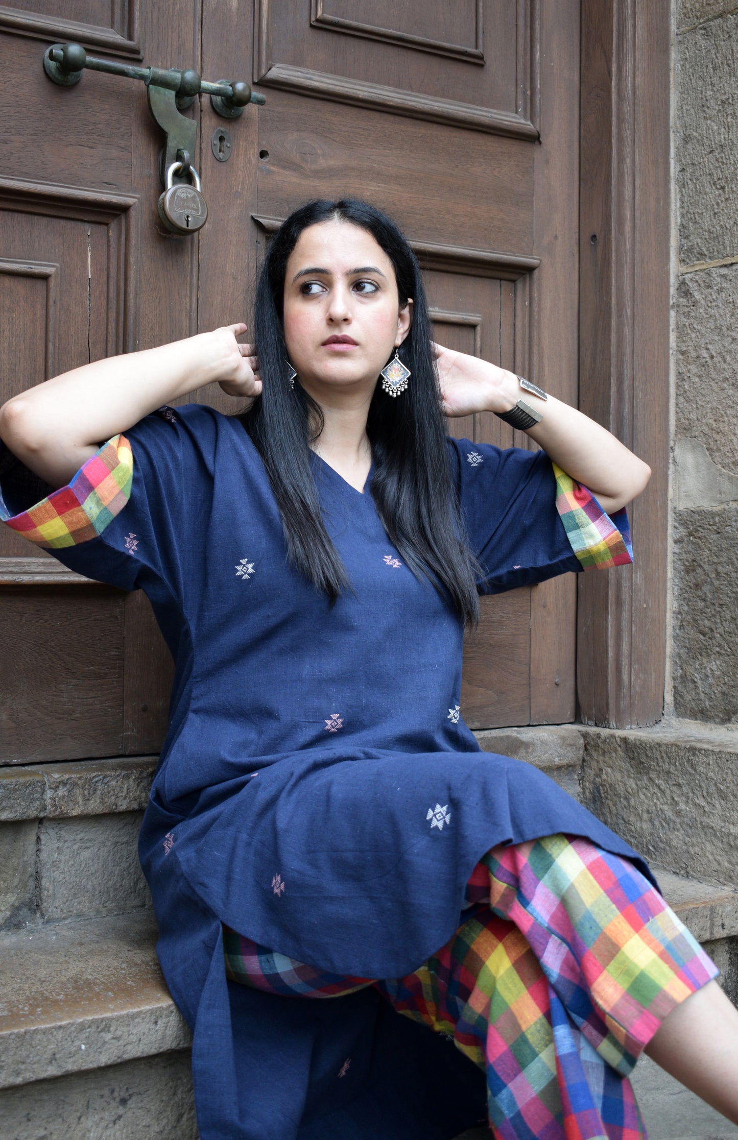 Navy blue Chowmukh Kala Cotton Choga and pants