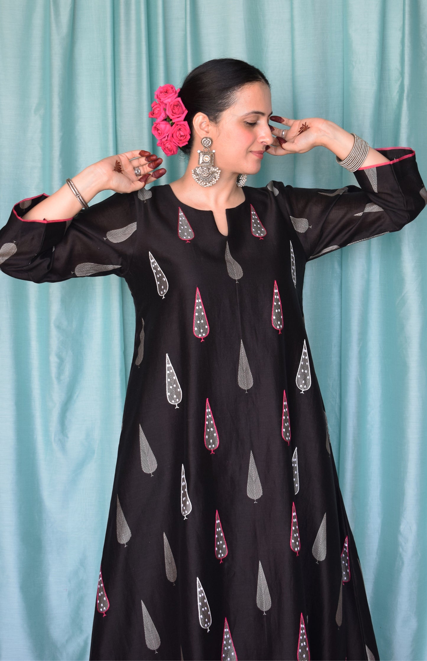 Shyam Chanderi Set with Hand Embroidered A line Kurta and Wide Legged Pyjama