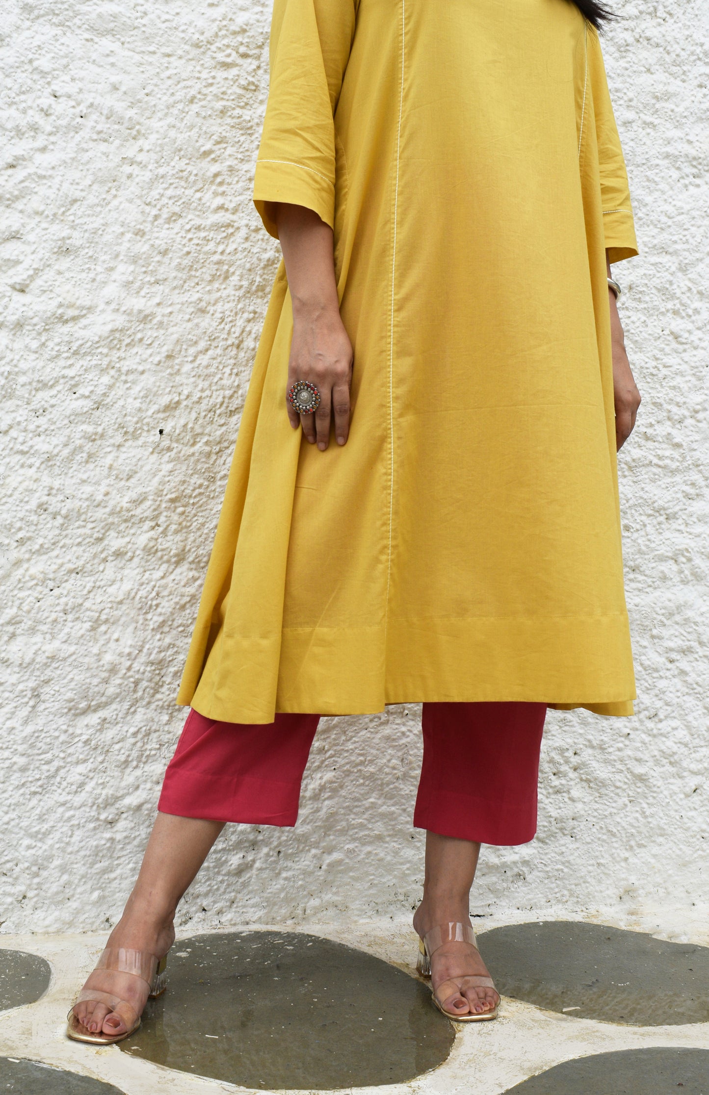 Yellow Flared Cotton Kurta with square neck and pink pyjama