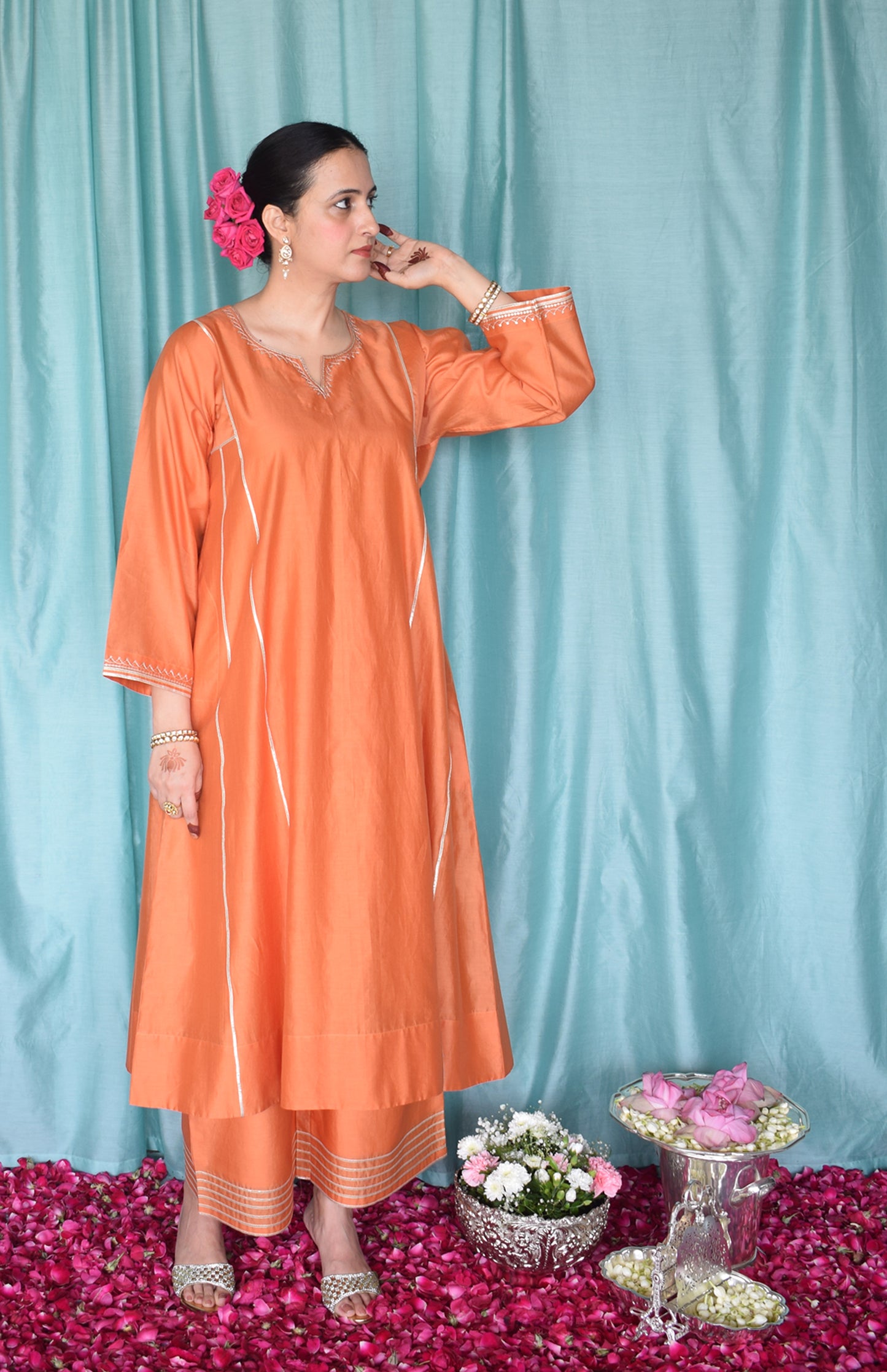 Neerja Chanderi Set with Hand Embroidered Phiran Kurta and Wide Legged Pyjama