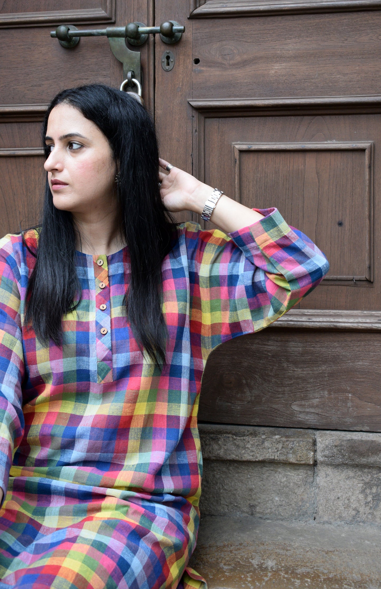 Multicolor checks Kala cotton kurta with round neck
