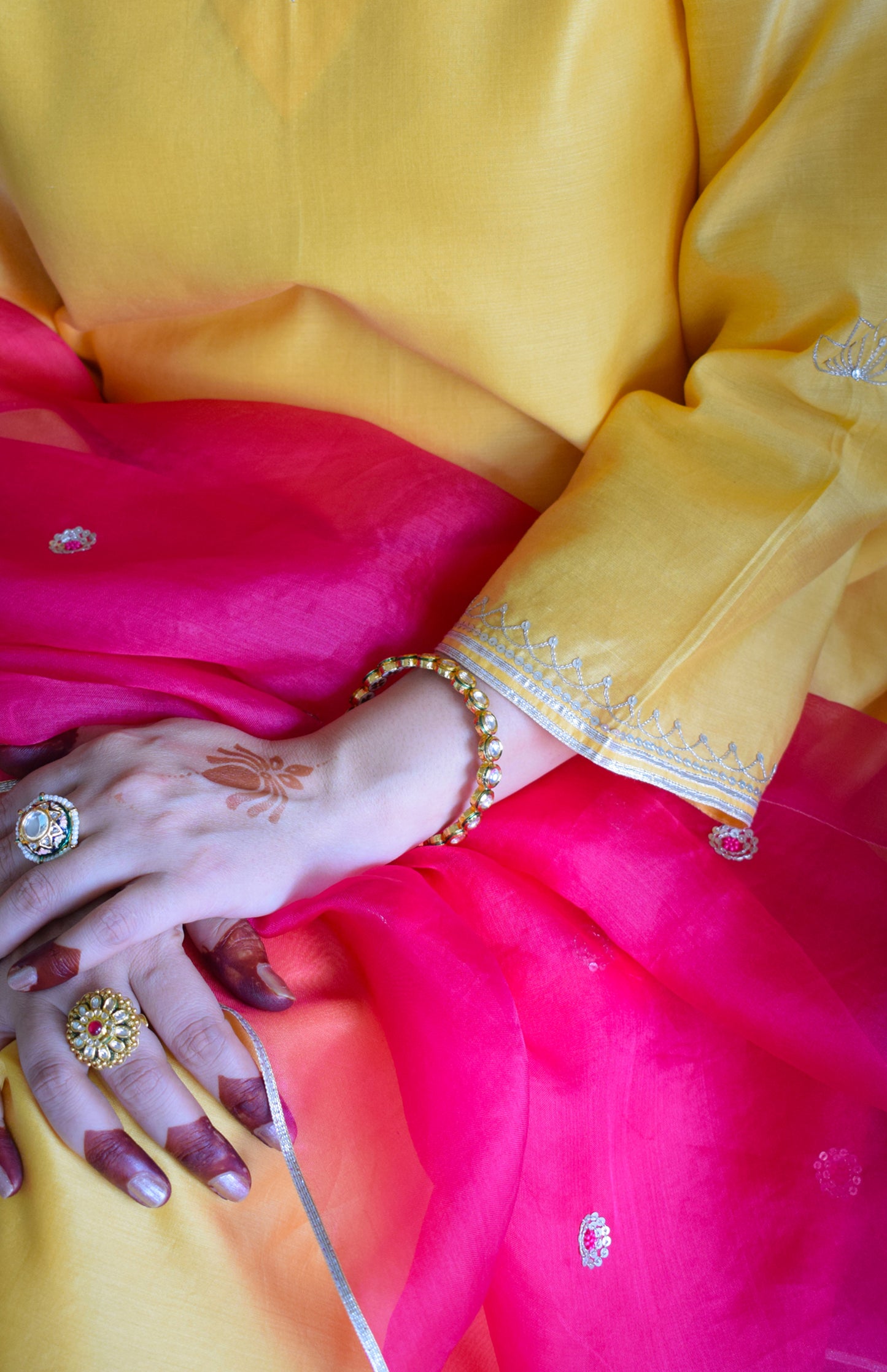 Kanak Chanderi Set with Hand Embroidered A line Kurta and Wide Legged Pyjama