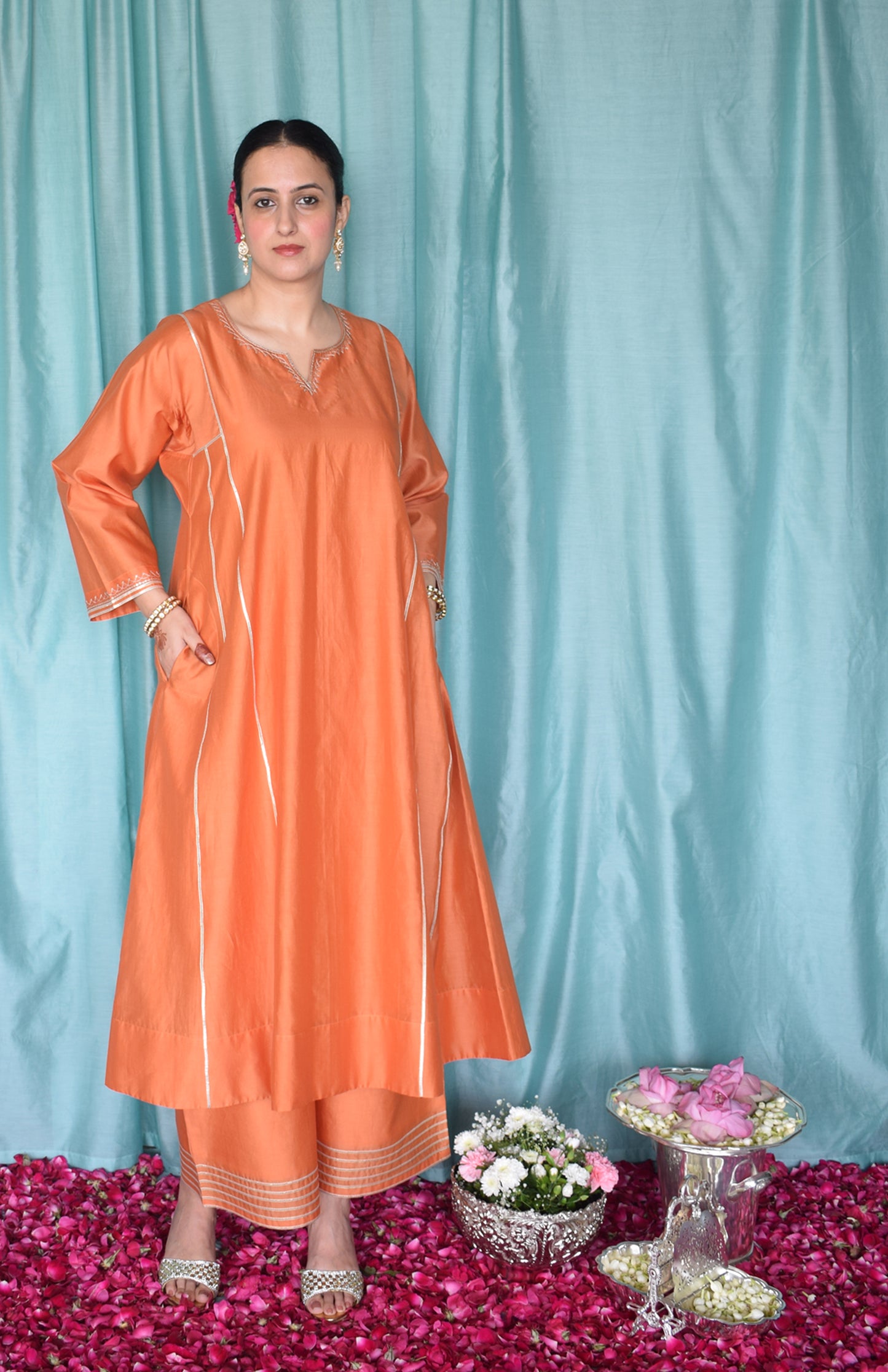 Neerja Chanderi Set with Hand Embroidered Phiran Kurta and Wide Legged Pyjama