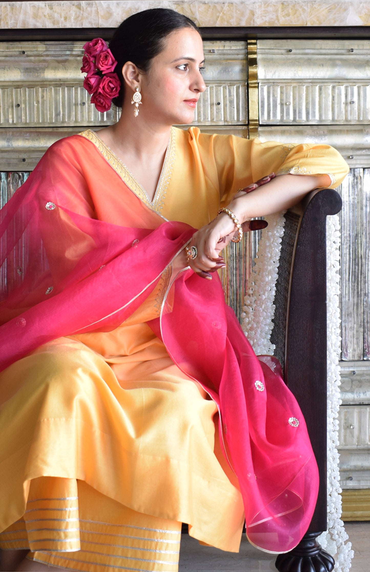 Kanak Chanderi Set with Hand Embroidered A line Kurta and Wide Legged Pyjama