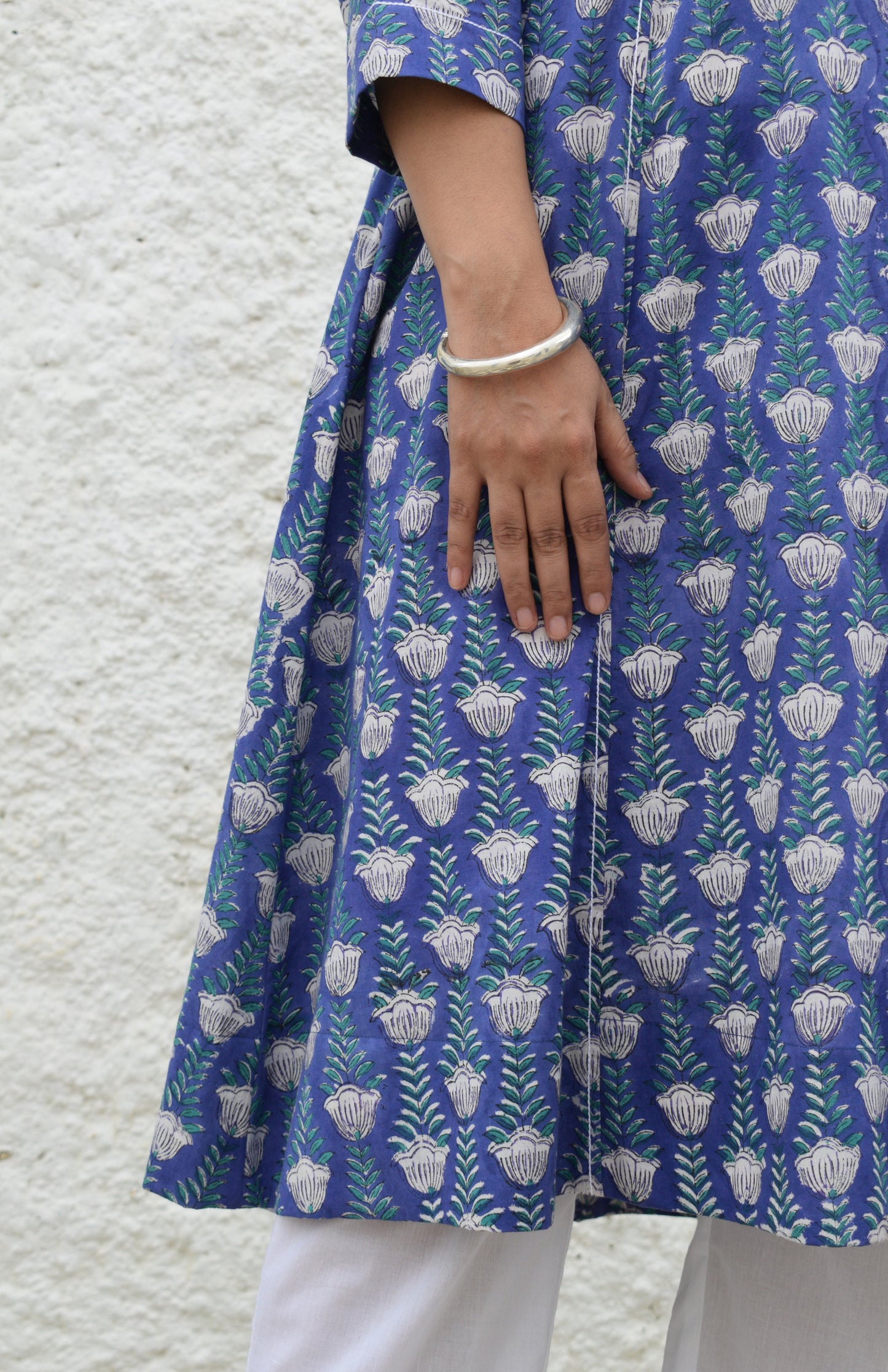 Violet block printed A line cotton kurta with panels