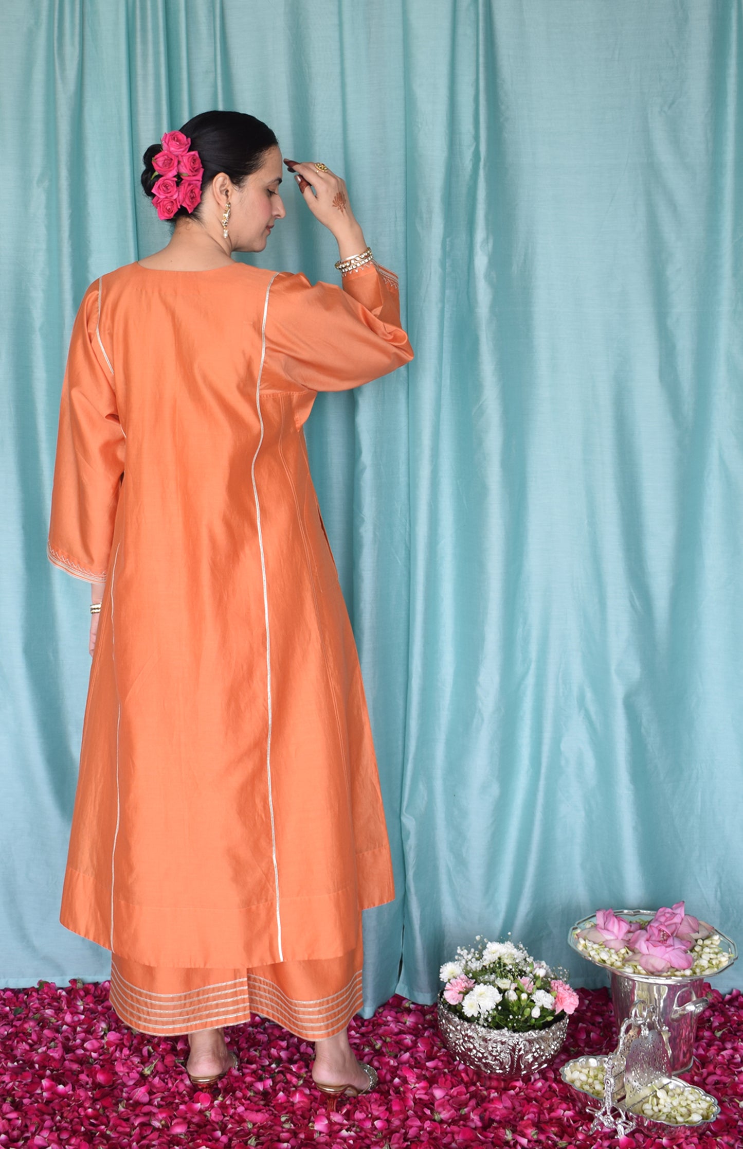 Neerja Chanderi Set with Hand Embroidered Phiran Kurta and Wide Legged Pyjama