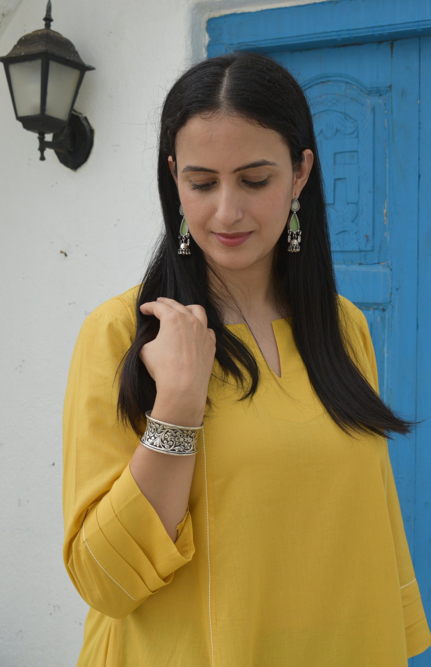 Yellow A line cotton kurta with panels