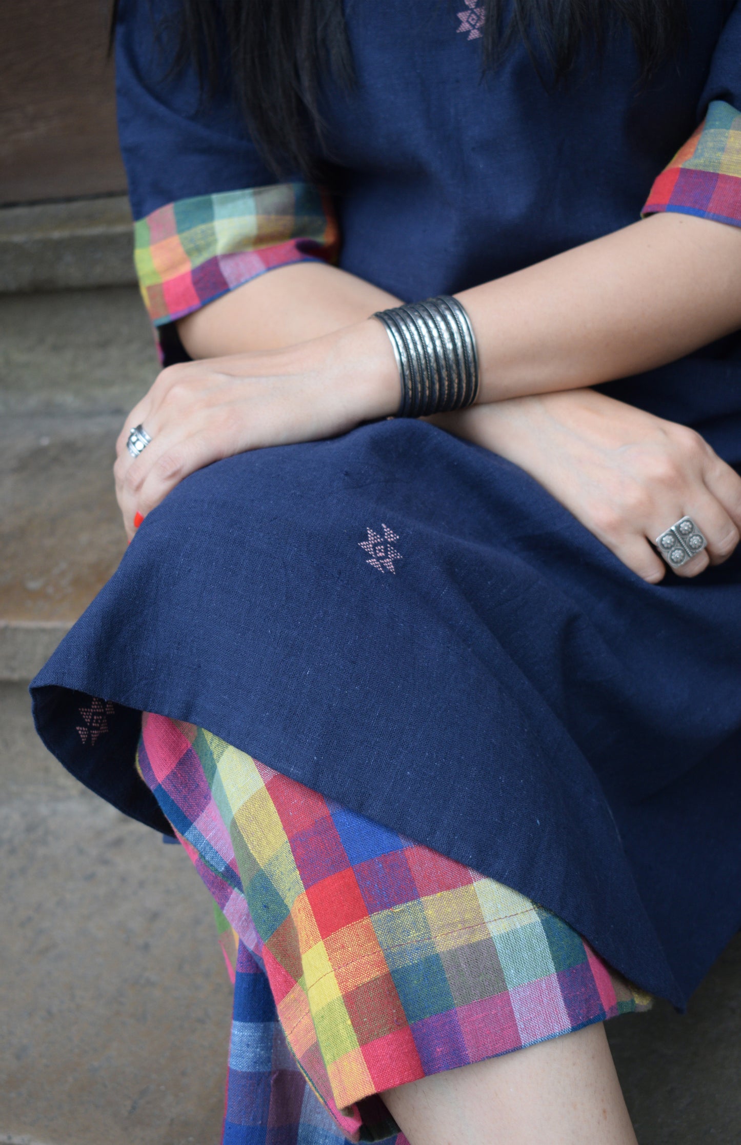 Navy blue Chowmukh Kala Cotton Choga and pants