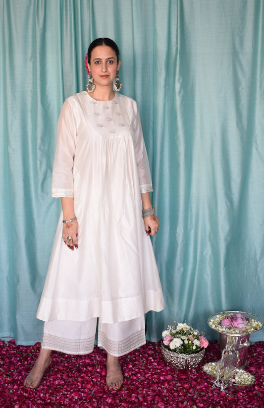 Sufi Chanderi Set with A line kurta and Wide Legged Pyjama