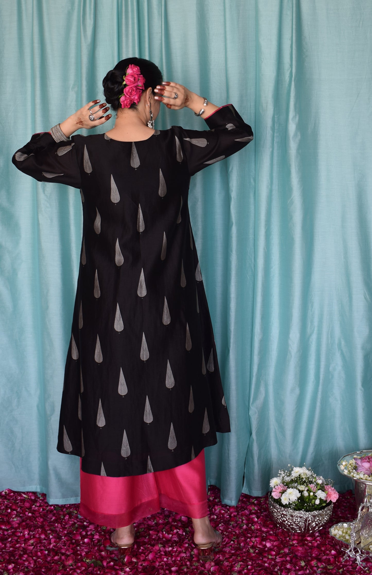 Shyam Chanderi Set with Hand Embroidered A line Kurta and Wide Legged Pyjama