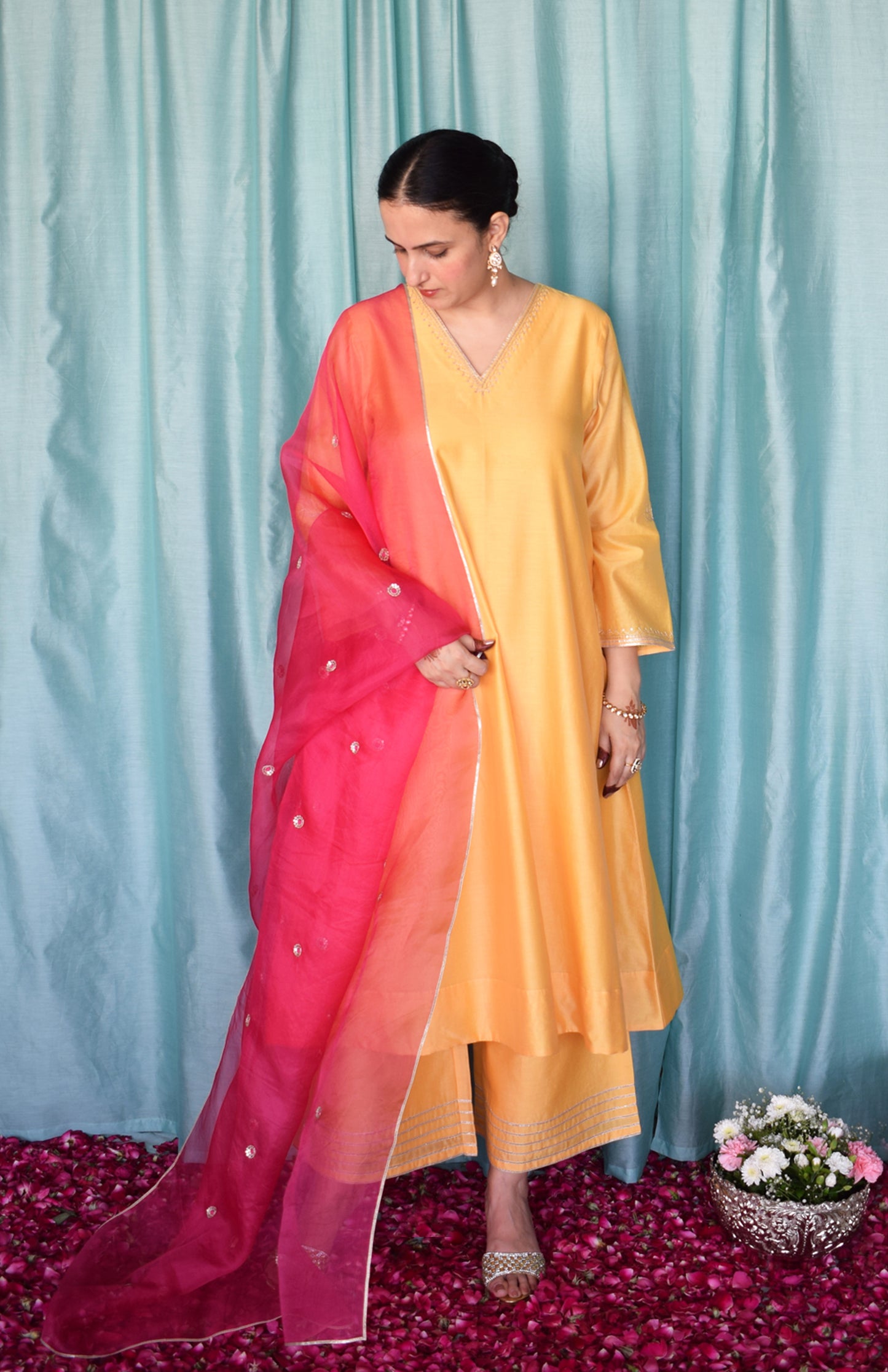 Kanak Chanderi Set with Hand Embroidered A line Kurta and Wide Legged Pyjama