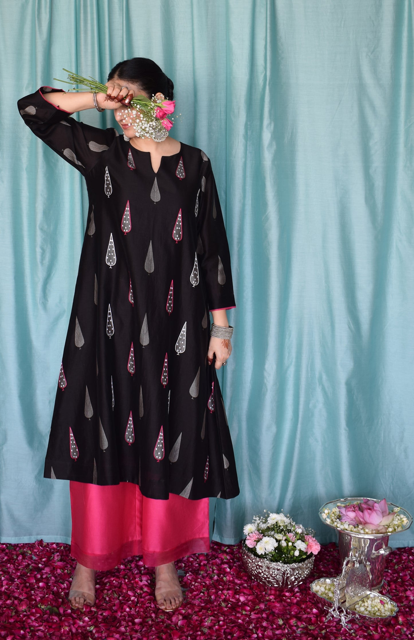 Shyam Chanderi Set with Hand Embroidered A line Kurta and Wide Legged Pyjama