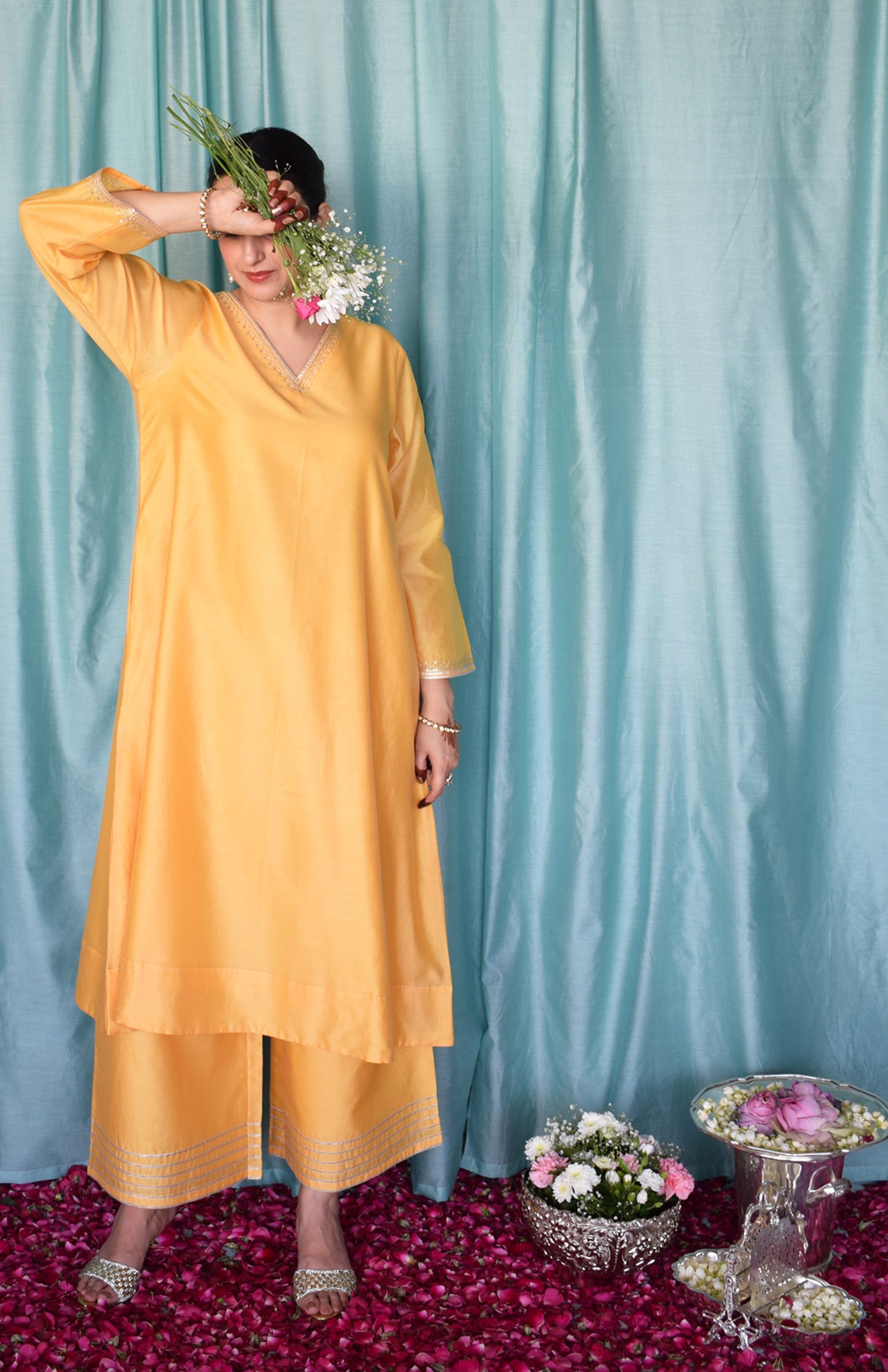 Kanak Chanderi Set with Hand Embroidered A line Kurta and Wide Legged Pyjama