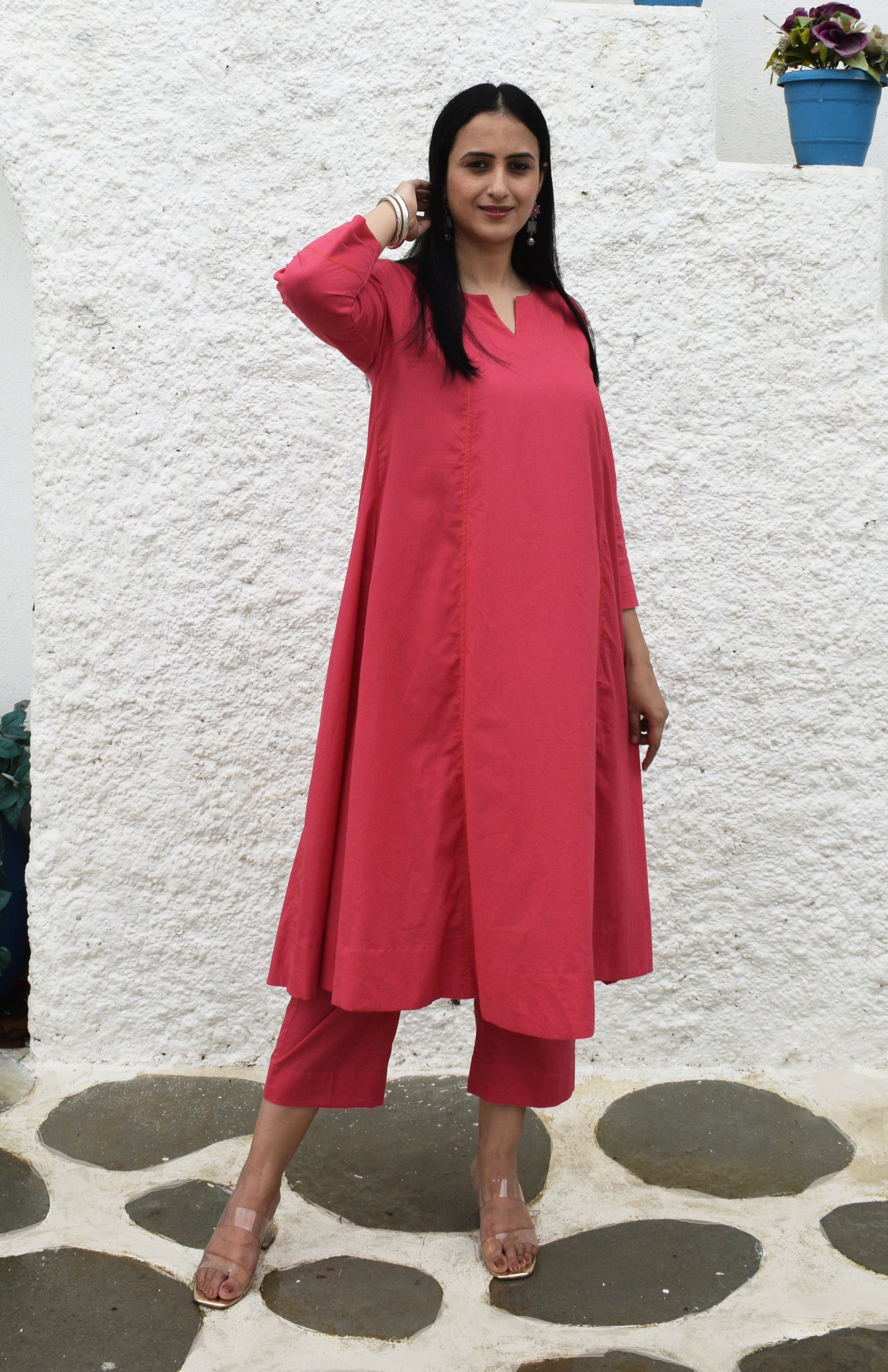 Pink A line cotton kurta with panels