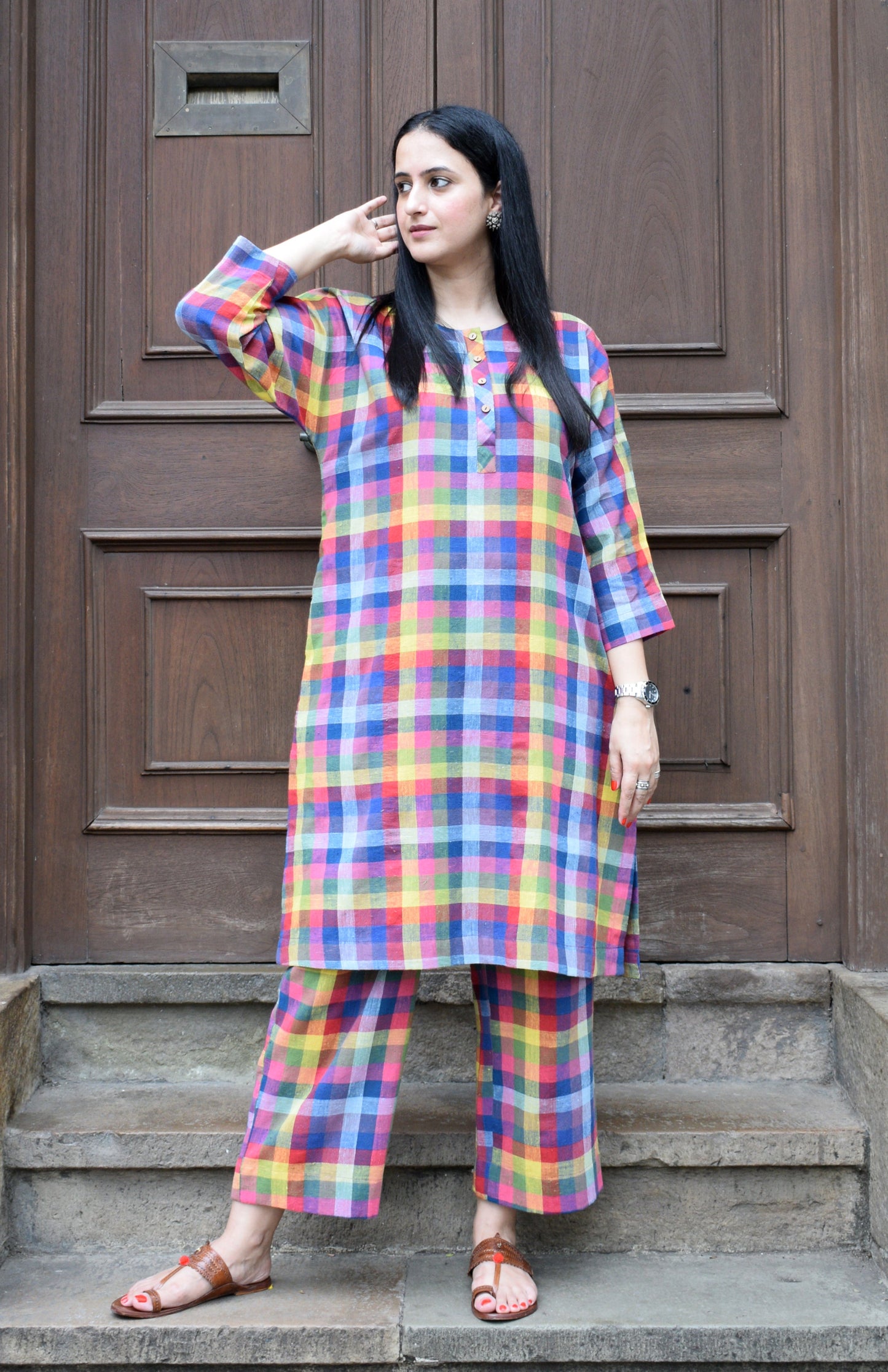Multicolor checks Kala cotton kurta with round neck