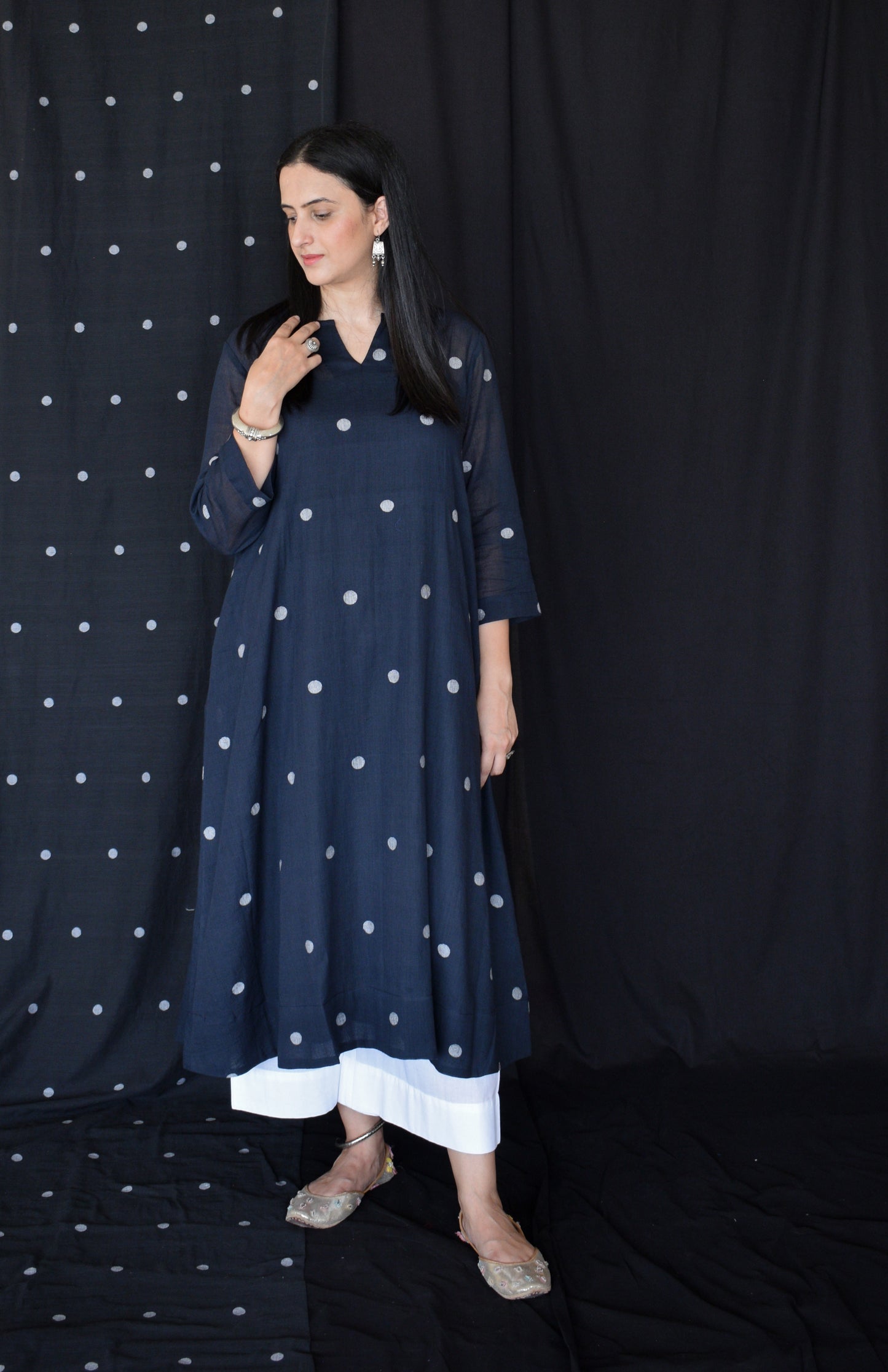 Black jamdani A line Polka dot kurta