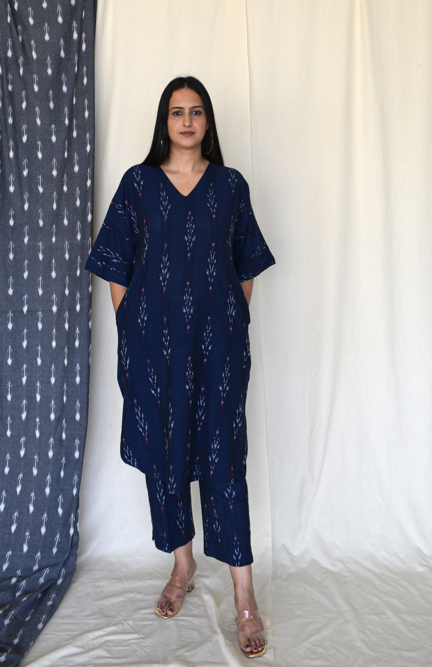 Navy blue ikat straight fit trousers