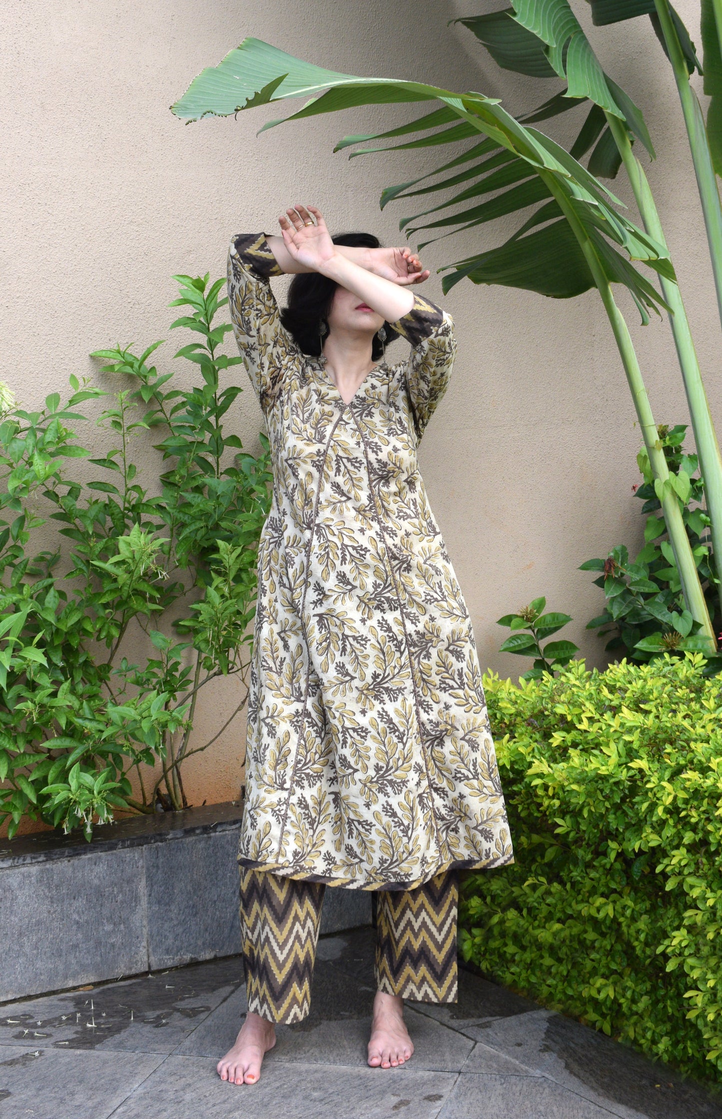A-line Walnut brown Ajrakh dabu Kurta with pants | Rescue