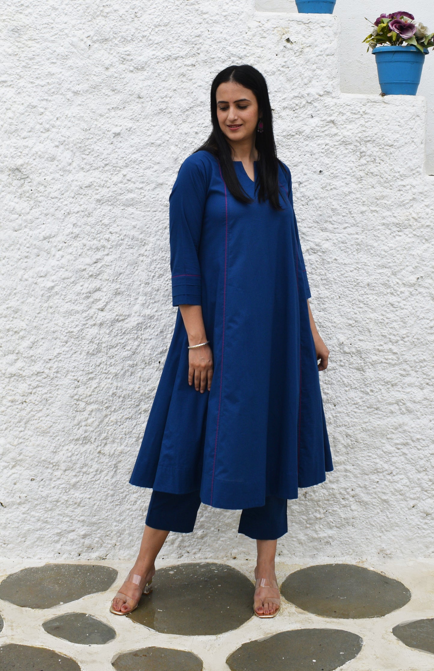 Midnight blue A line Cotton Kurta with Panels and Blue pyjama