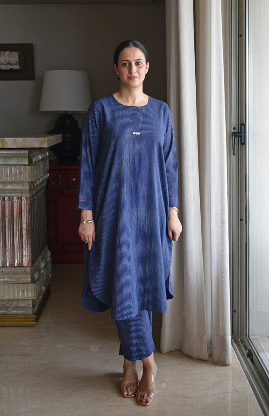 Navy Blue Striped Co-ord Set in Handwoven Cotton
