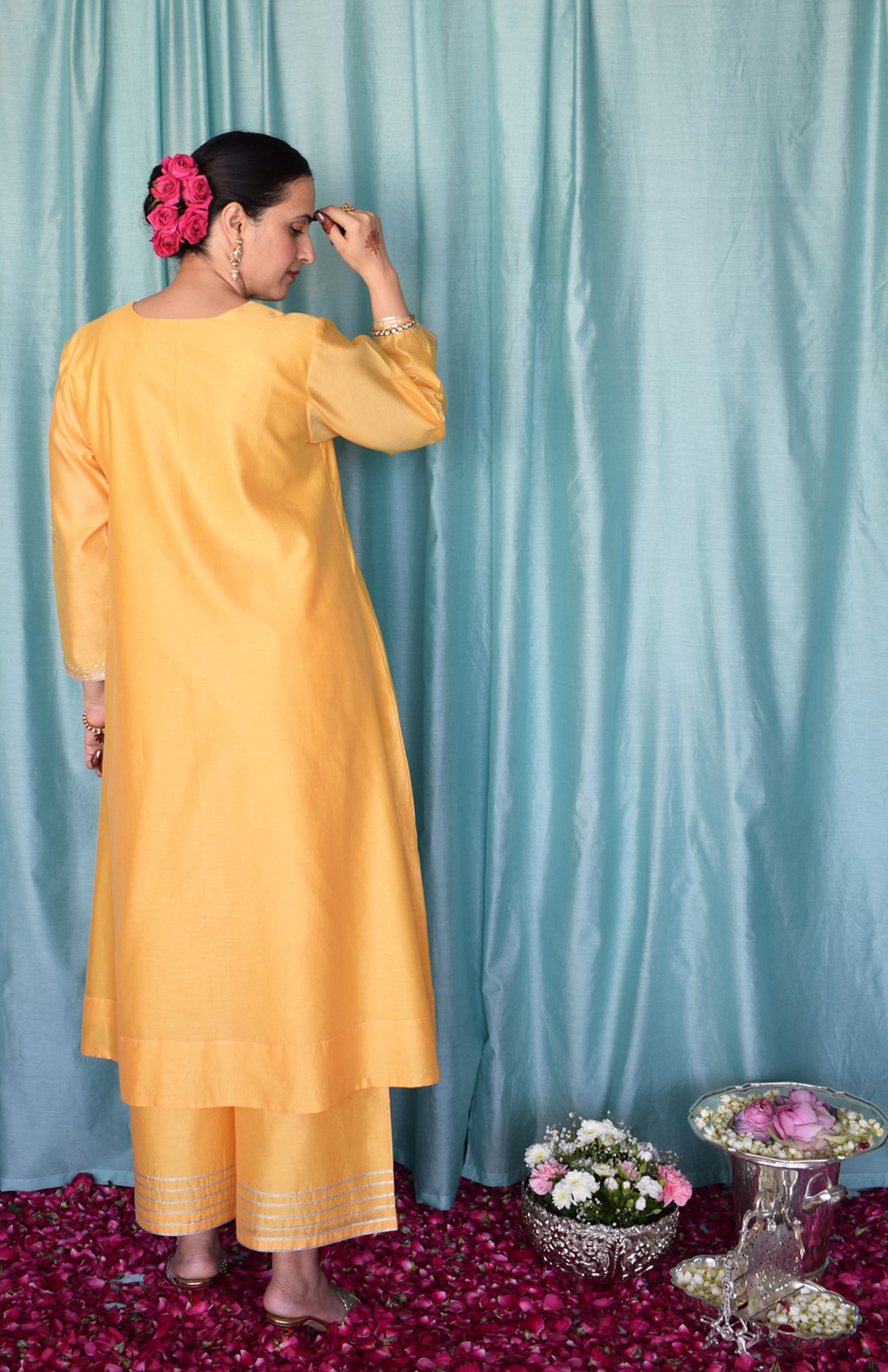Kanak Chanderi Set with Hand Embroidered A line Kurta and Wide Legged Pyjama
