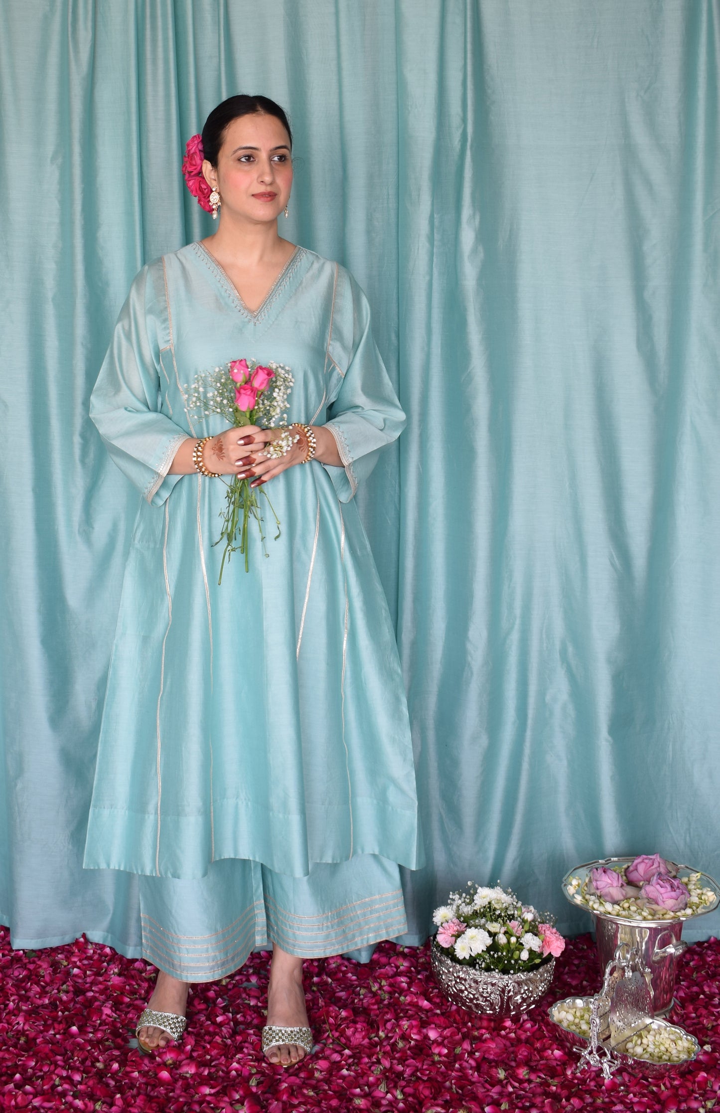 Meher Chanderi Set with Hand Embroidered Phiran Kurta and Wide Legged Pyjama