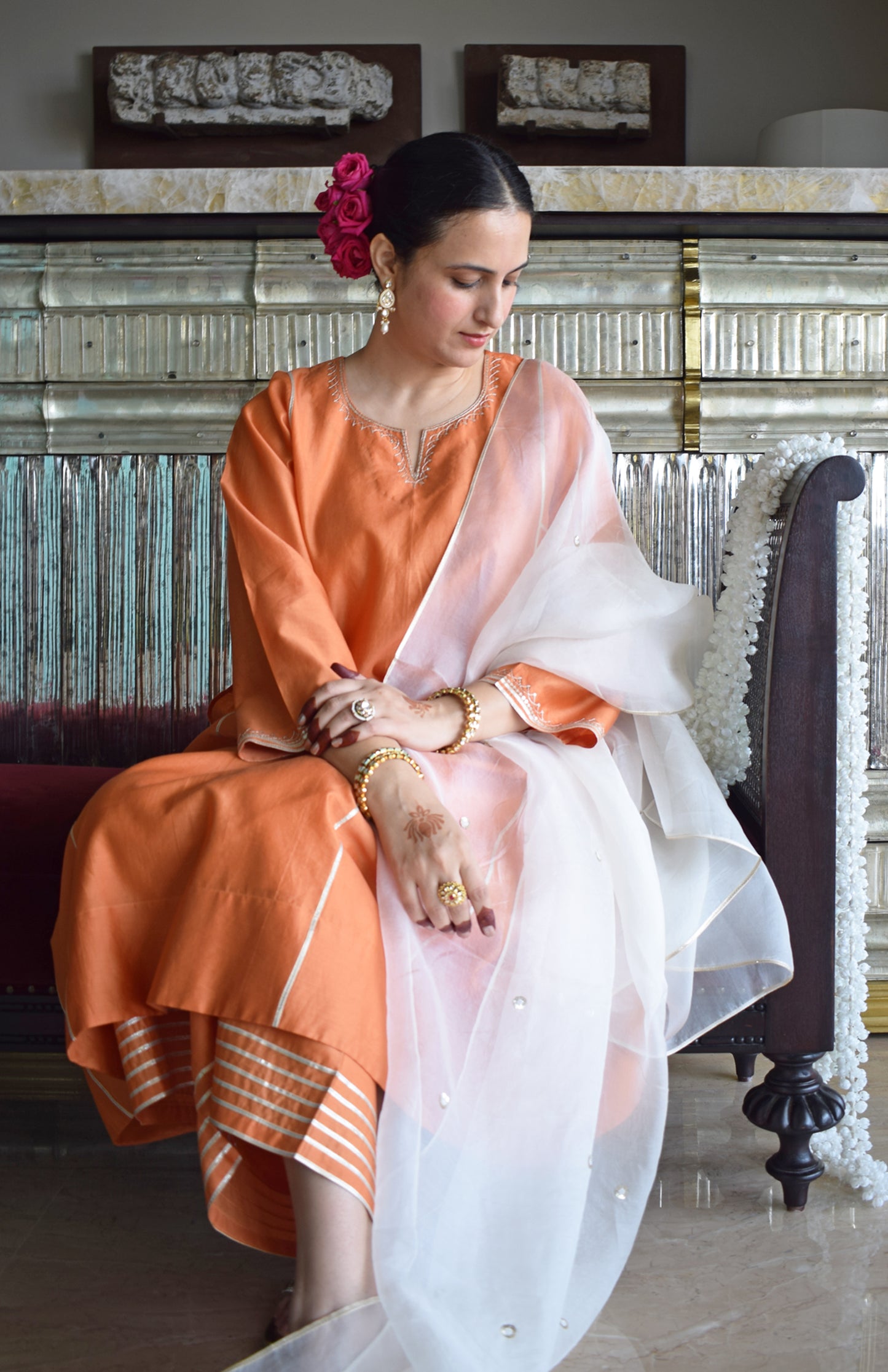 Off White Silk Organza Hand Embroidered Dupatta