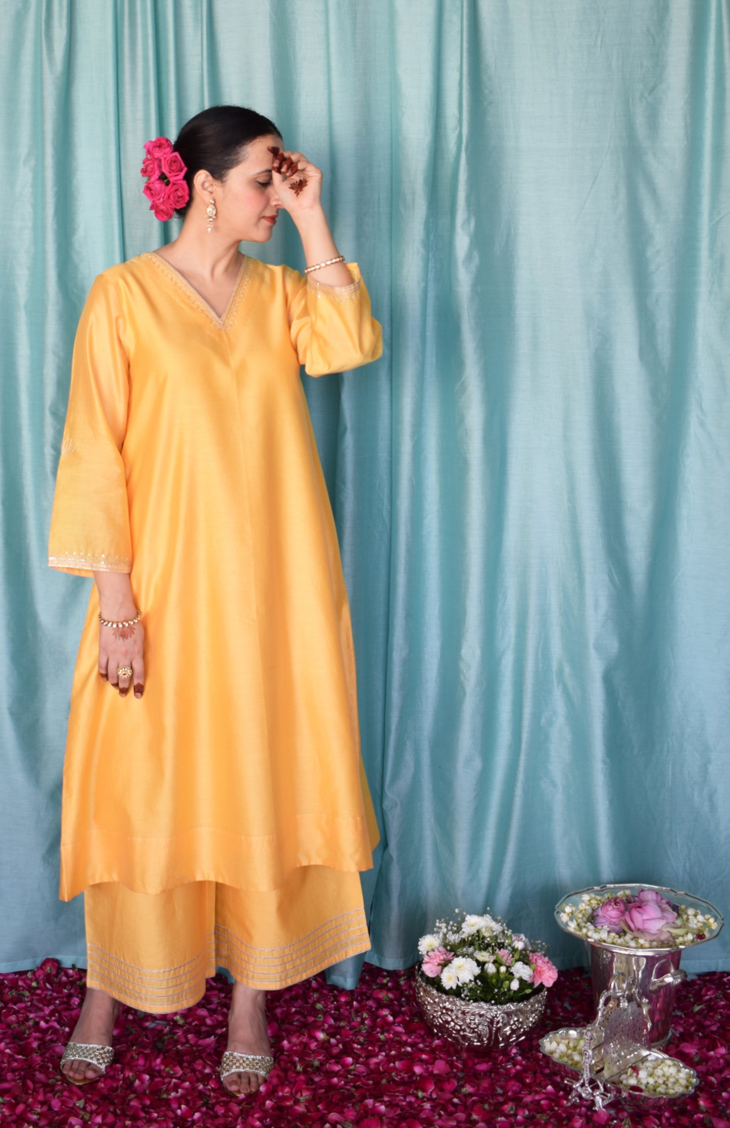 Kanak Chanderi Set with Hand Embroidered A line Kurta and Wide Legged Pyjama