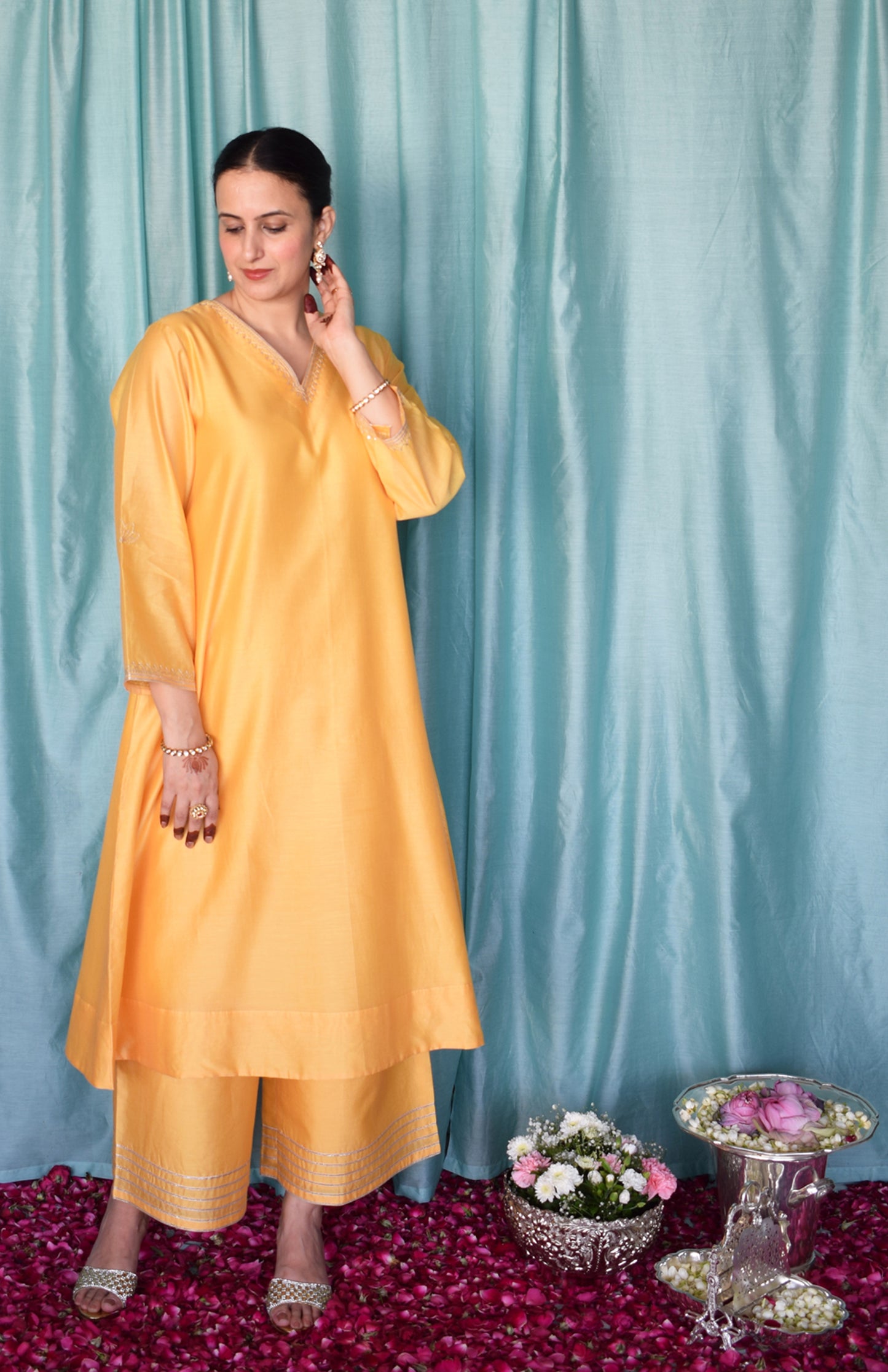 Kanak Chanderi Set with Hand Embroidered A line Kurta and Wide Legged Pyjama