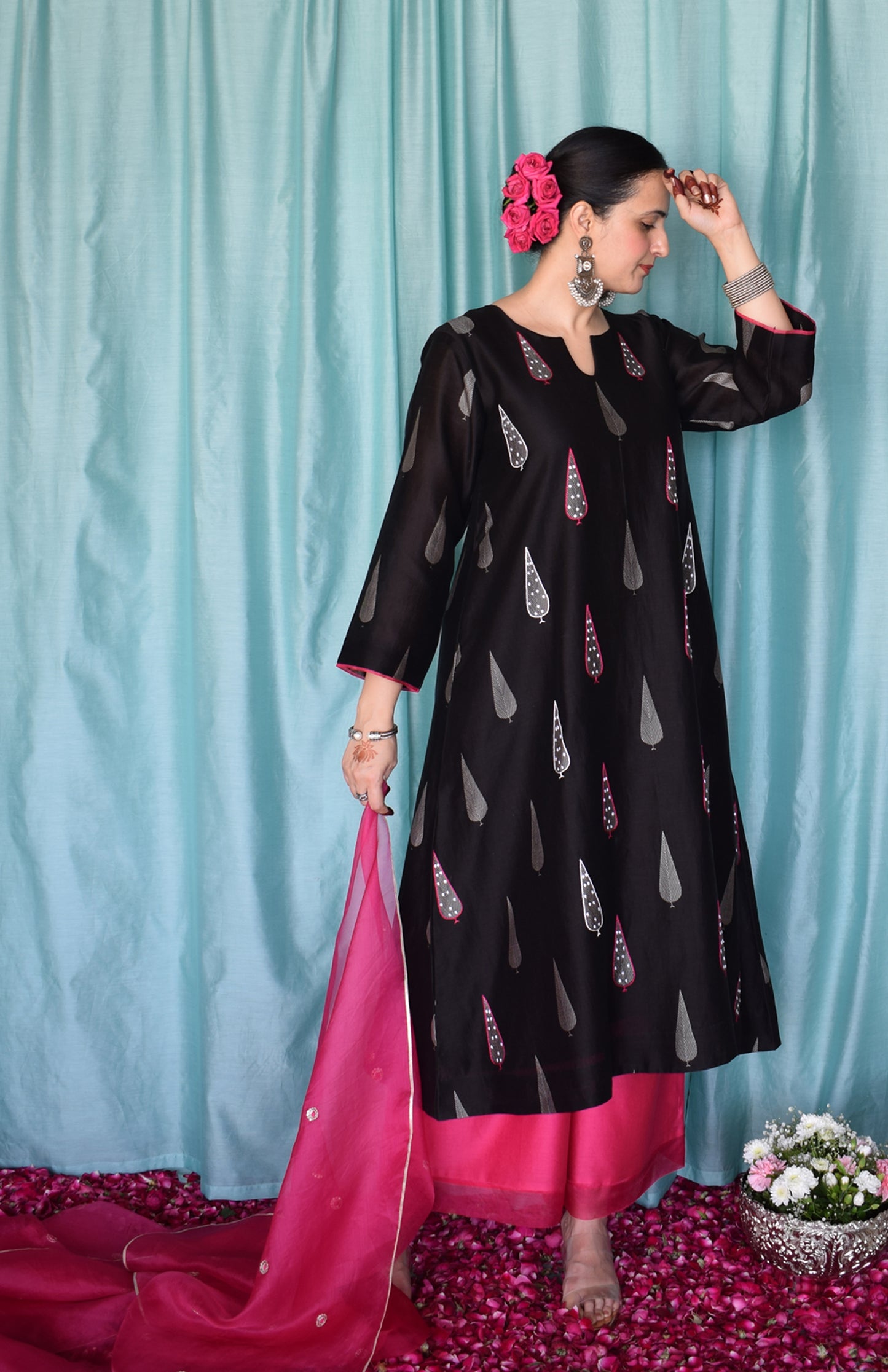 Shyam Chanderi Set with Hand Embroidered A line Kurta and Wide Legged Pyjama
