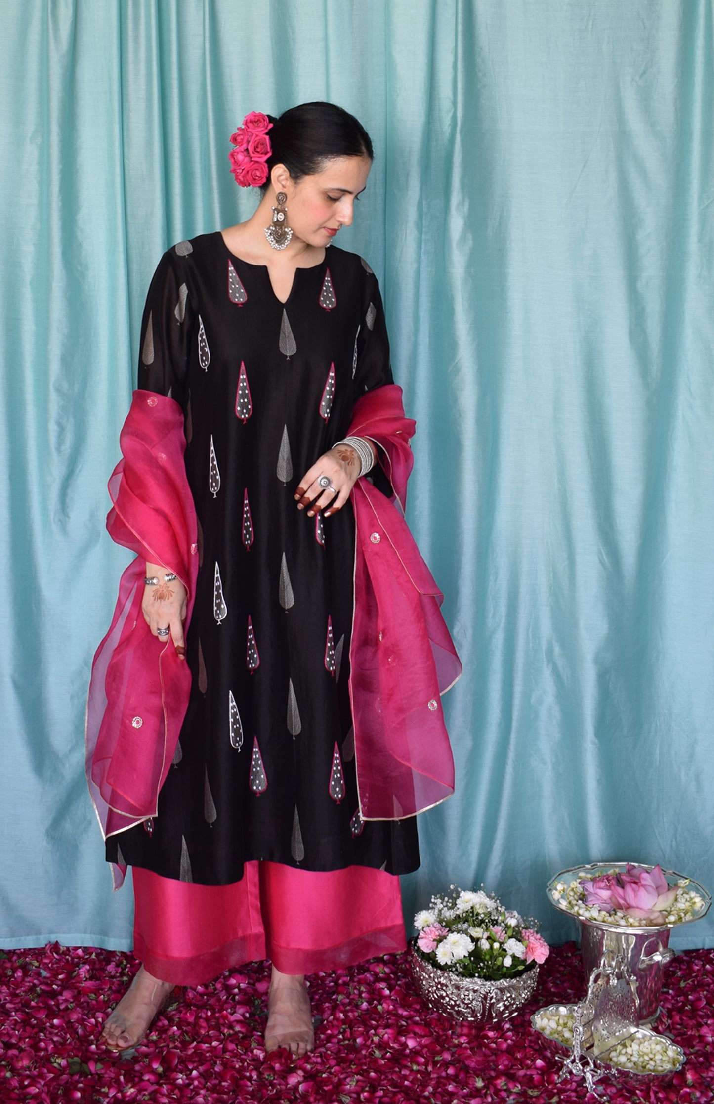 Shyam Chanderi Set with Hand Embroidered A line Kurta and Wide Legged Pyjama
