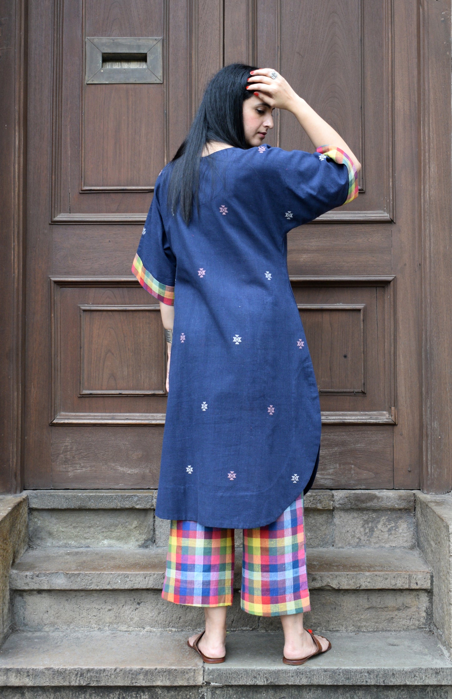 Navy blue Chowmukh Kala Cotton Choga and pants