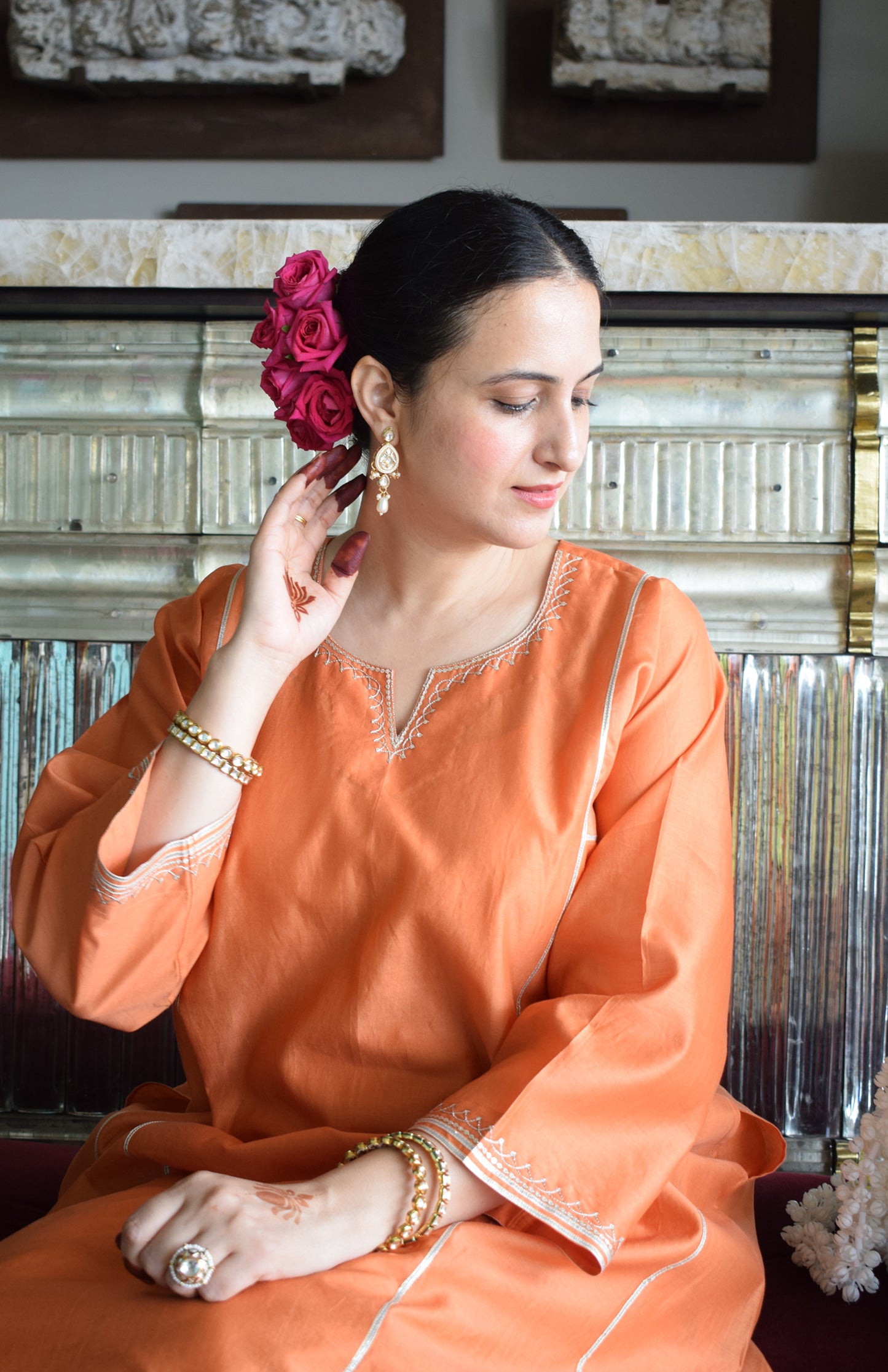 Neerja Chanderi Set with Hand Embroidered Phiran Kurta and Wide Legged Pyjama