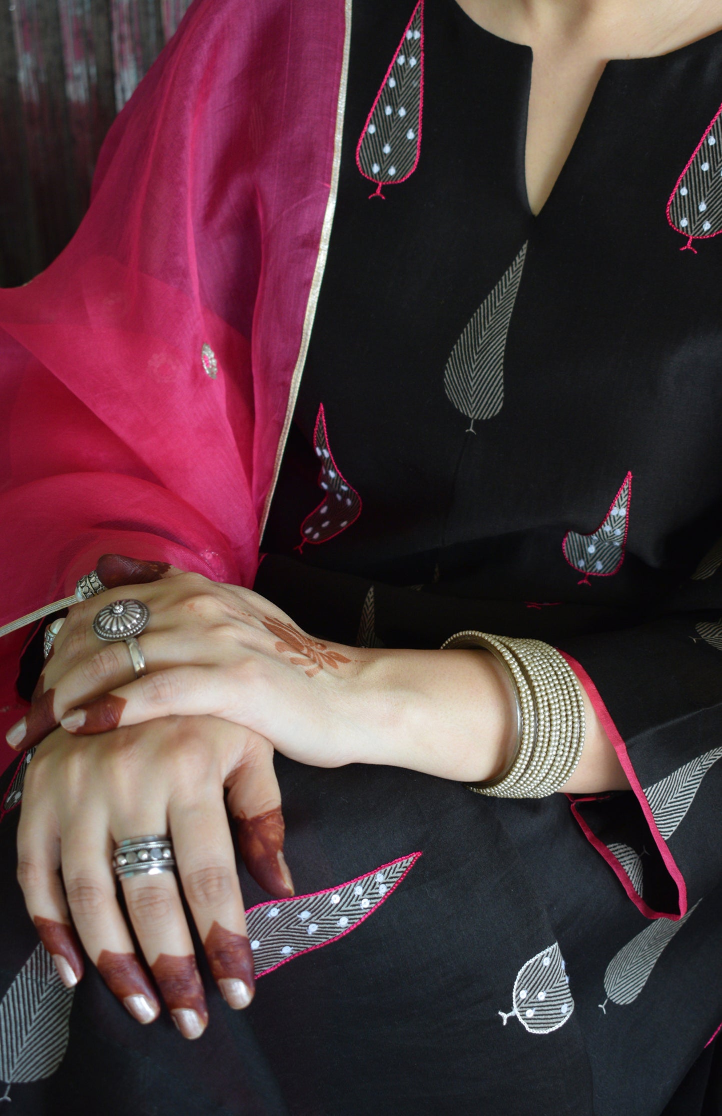 Shyam Chanderi Set with Hand Embroidered A line Kurta and Wide Legged Pyjama