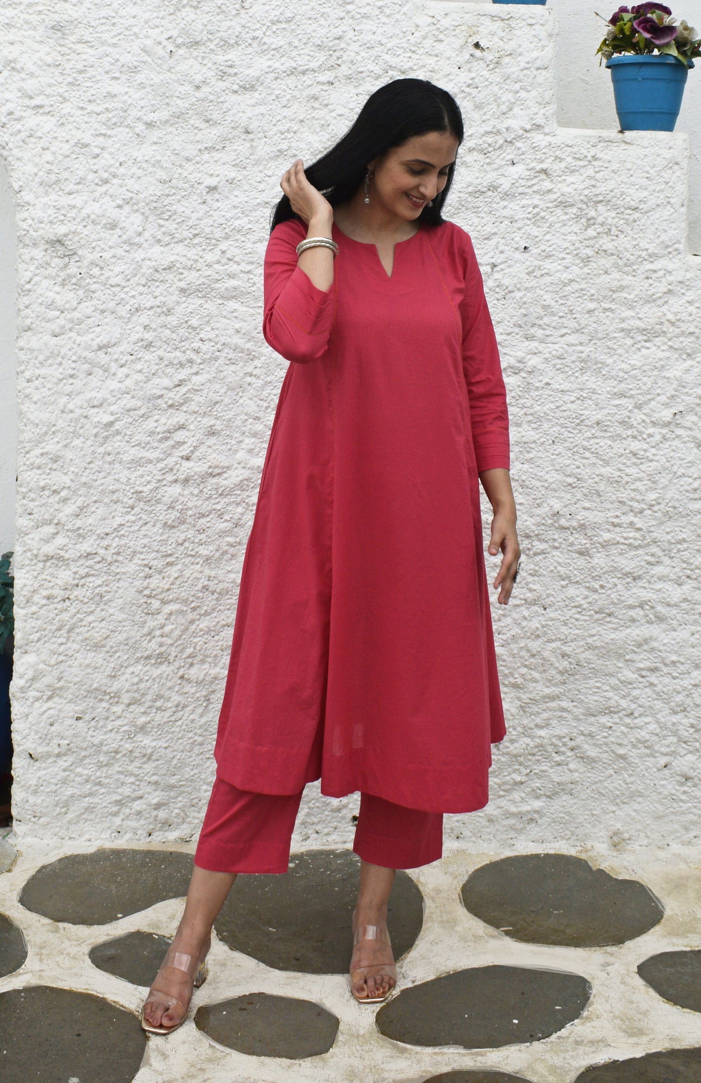 Pink A line cotton kurta with panels