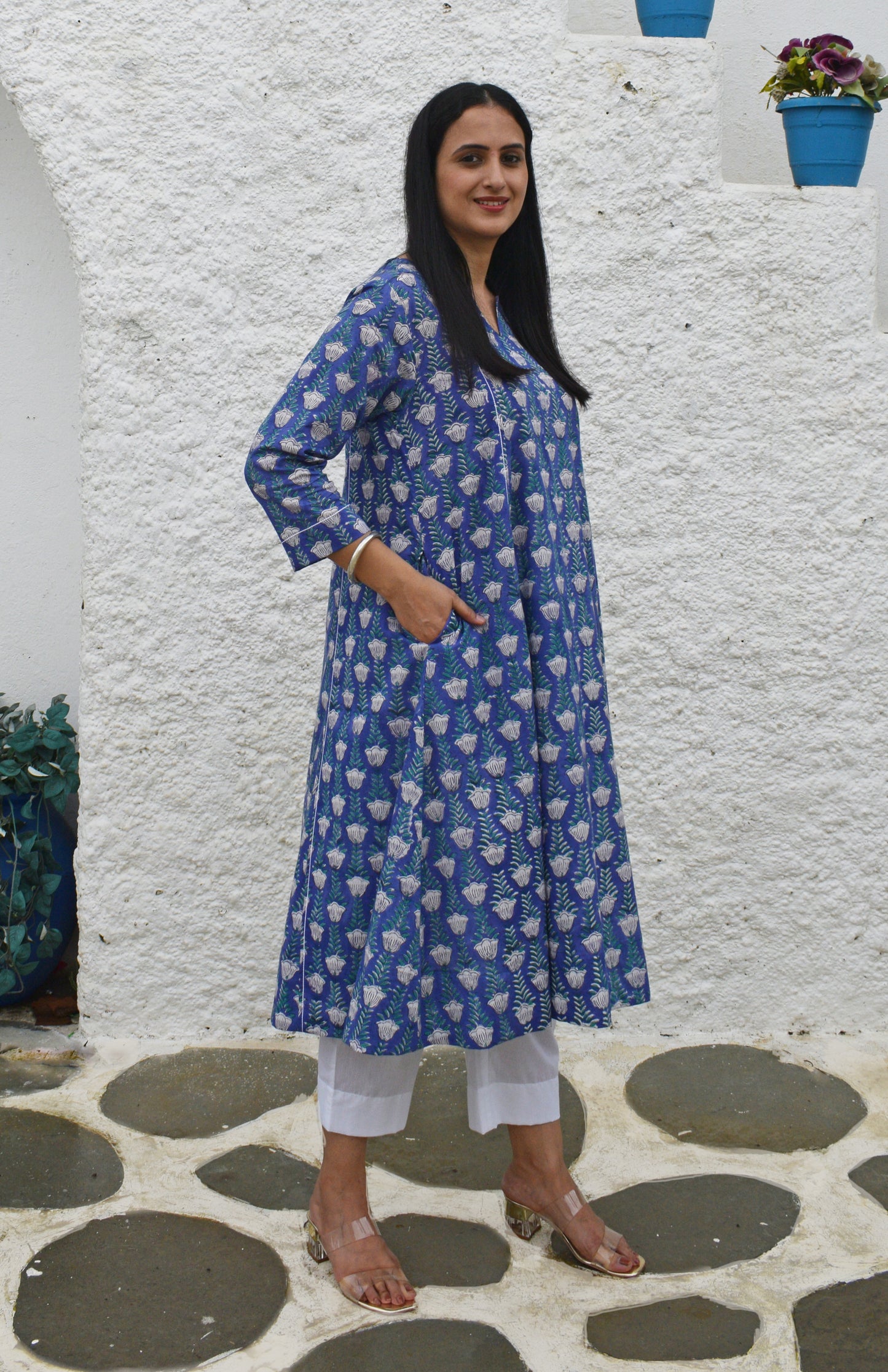 Violet block printed A line cotton kurta with panels