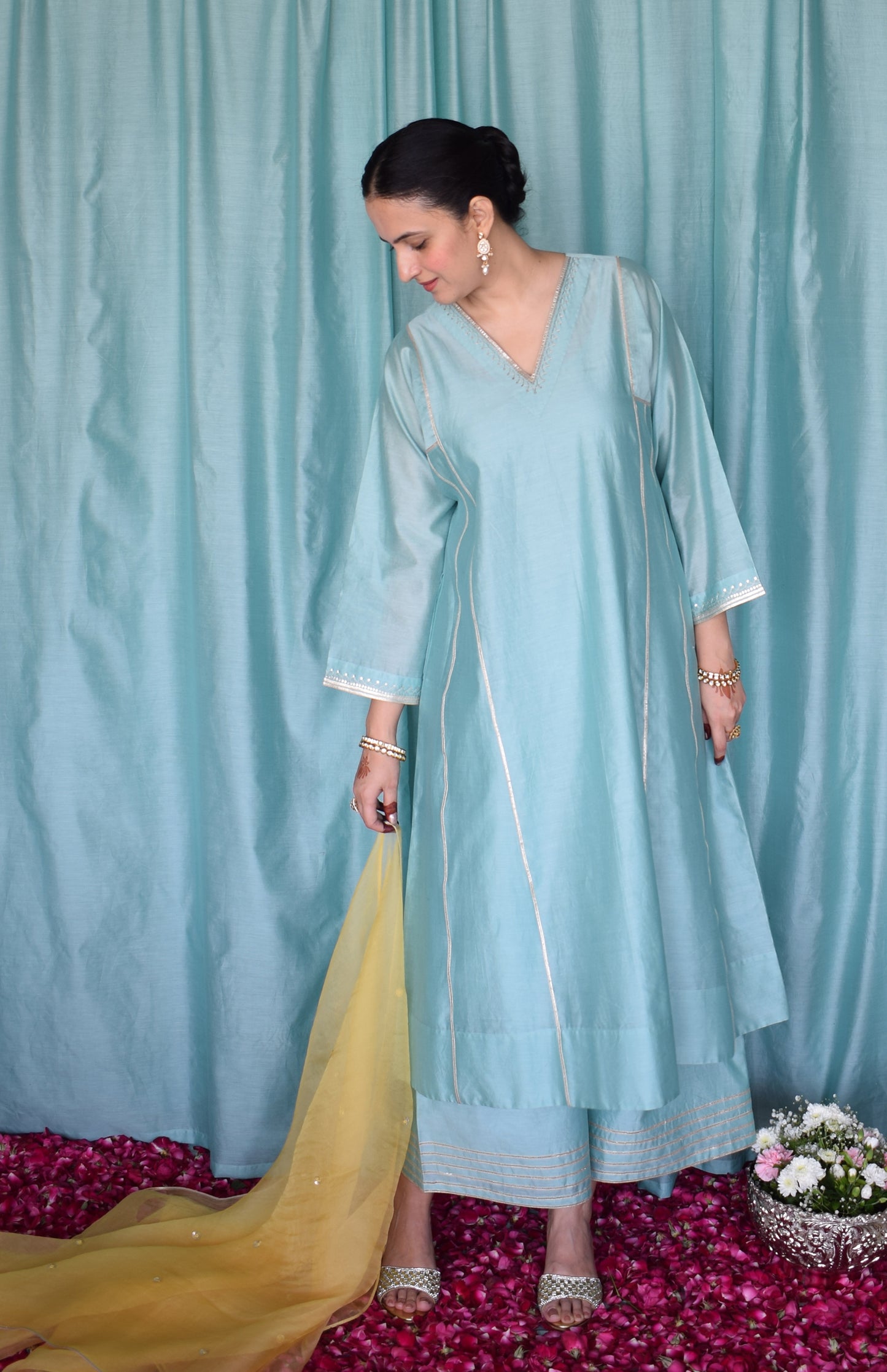 Meher Chanderi Set with Hand Embroidered Phiran Kurta and Wide Legged Pyjama