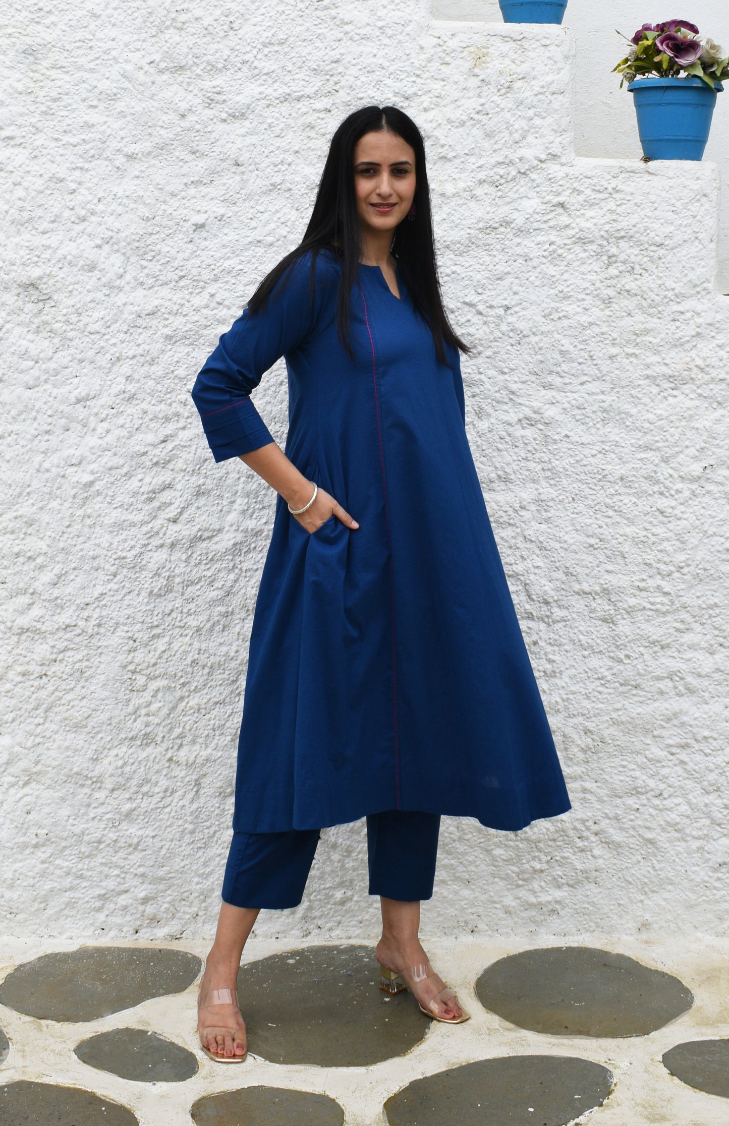 Midnight blue A line Cotton Kurta with Panels and Blue pyjama