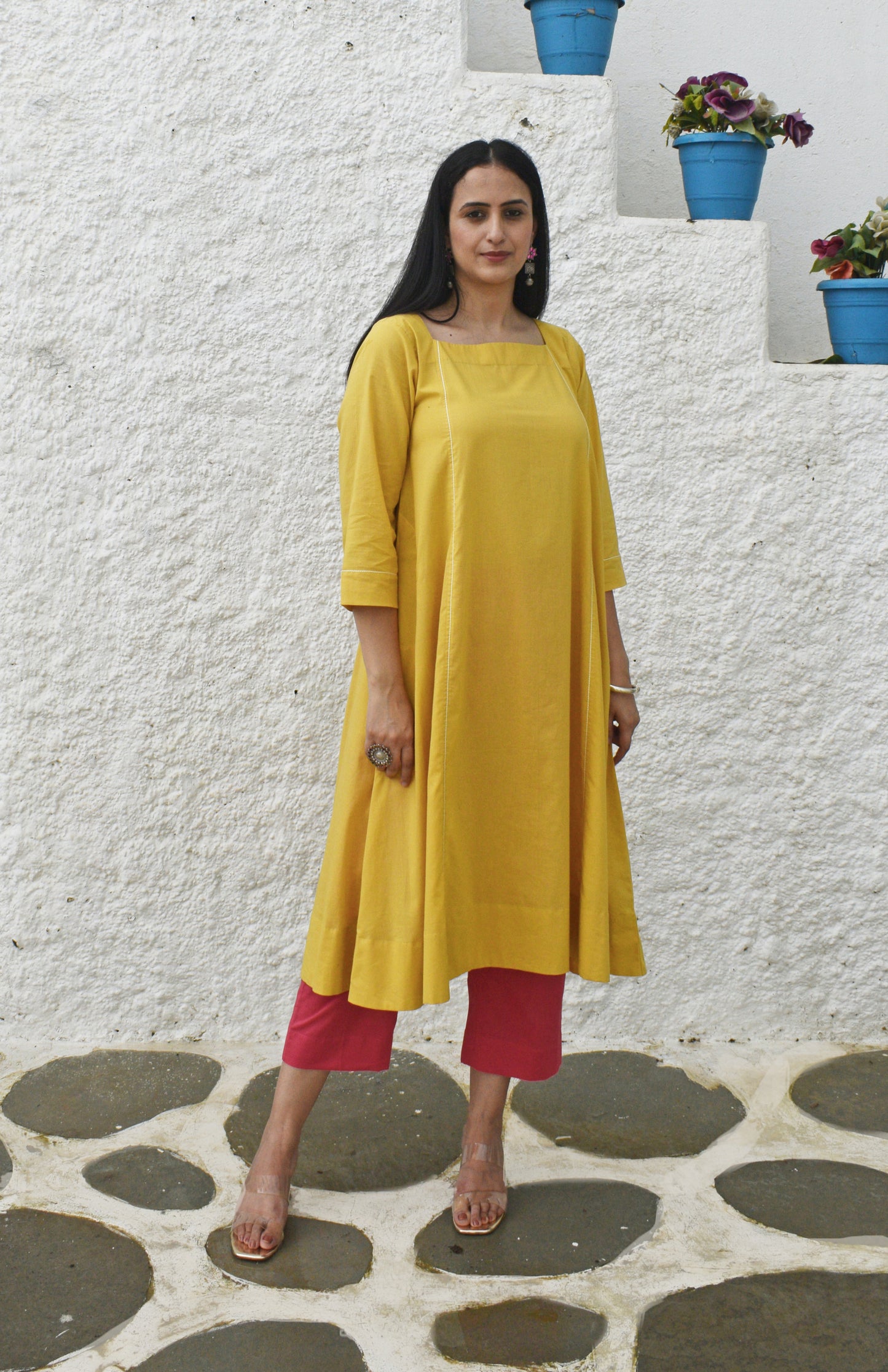Yellow Flared Cotton Kurta with square neck