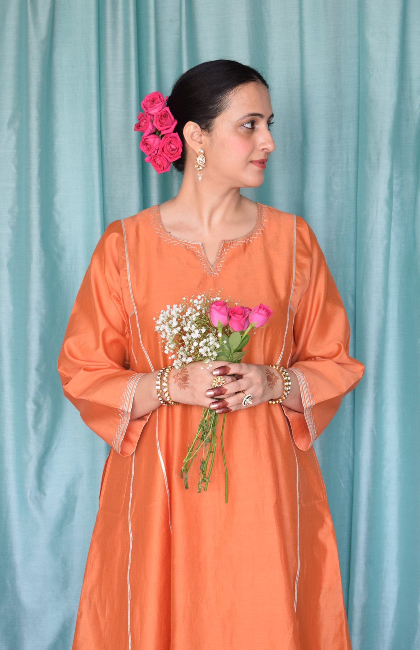 Neerja Chanderi Set with Hand Embroidered Phiran Kurta and Wide Legged Pyjama