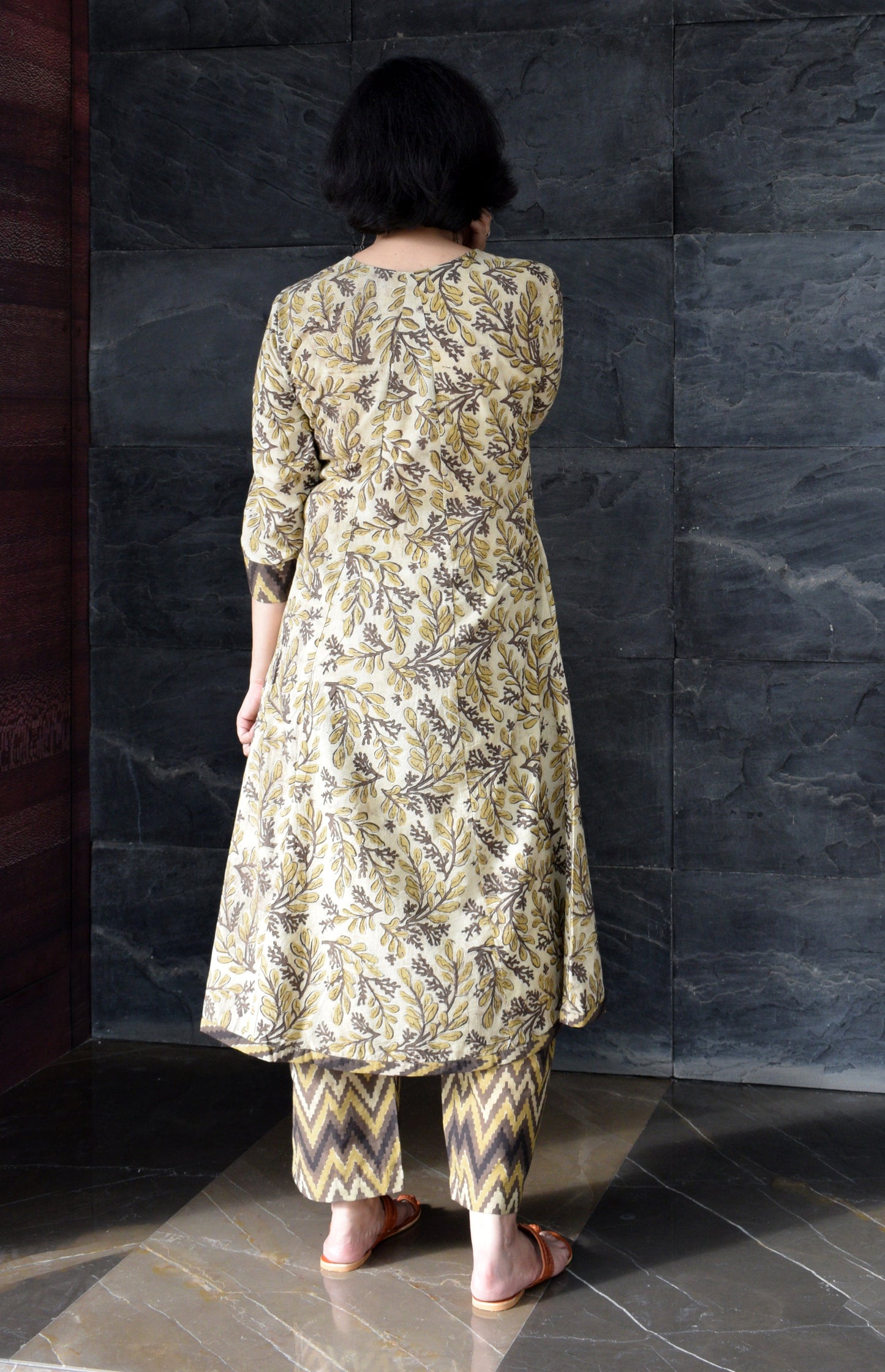 A-line Walnut brown Ajrakh dabu Kurta with pants | Rescue