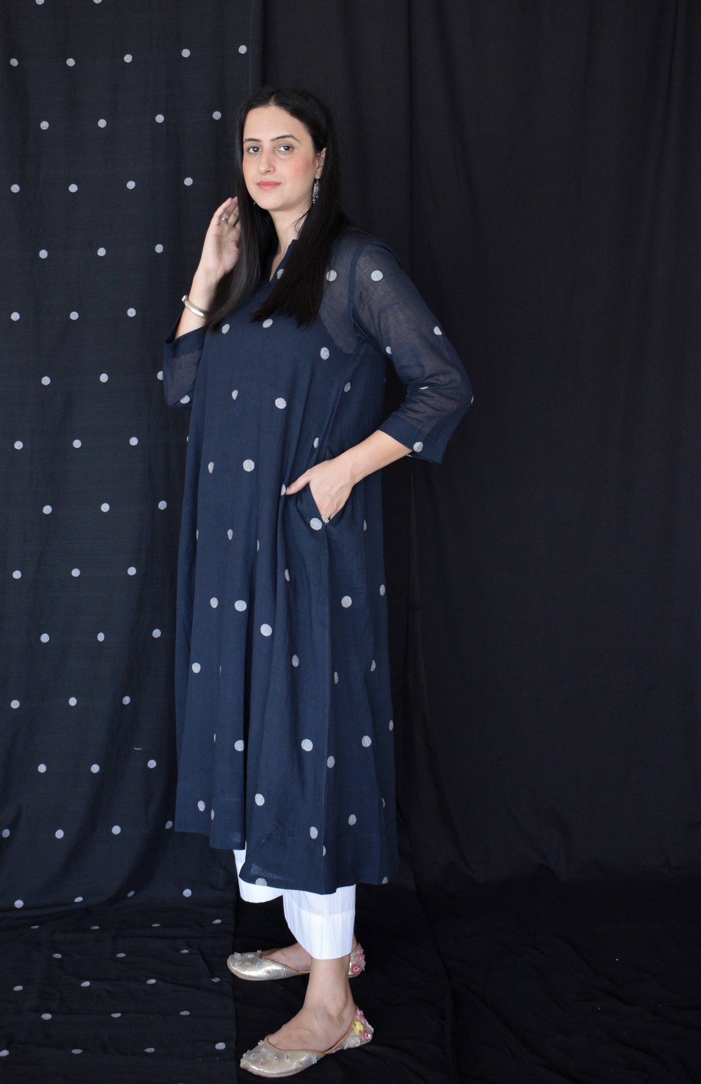 Black jamdani A line Polka dot kurta