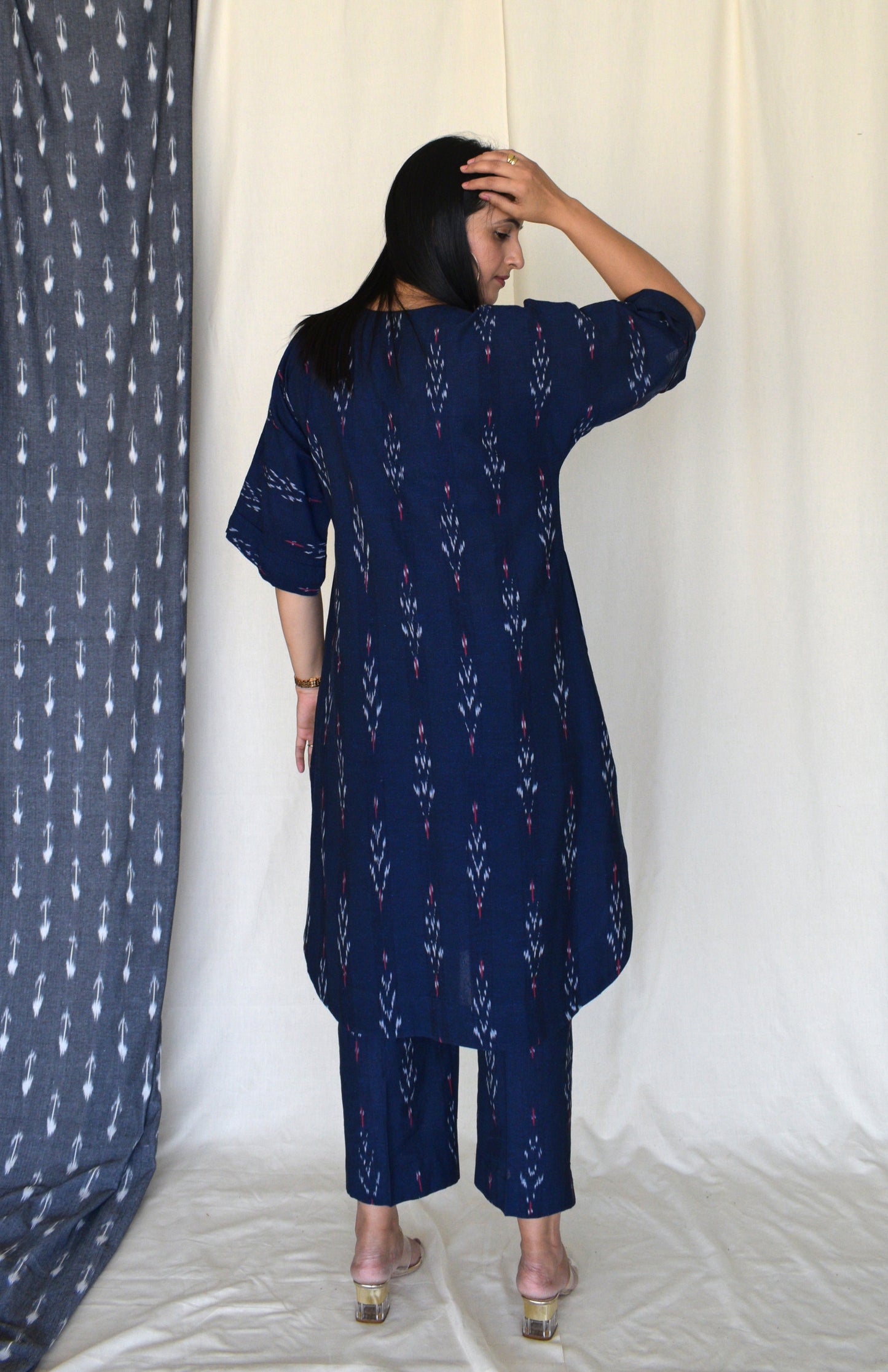 Navy blue ikat straight fit trousers