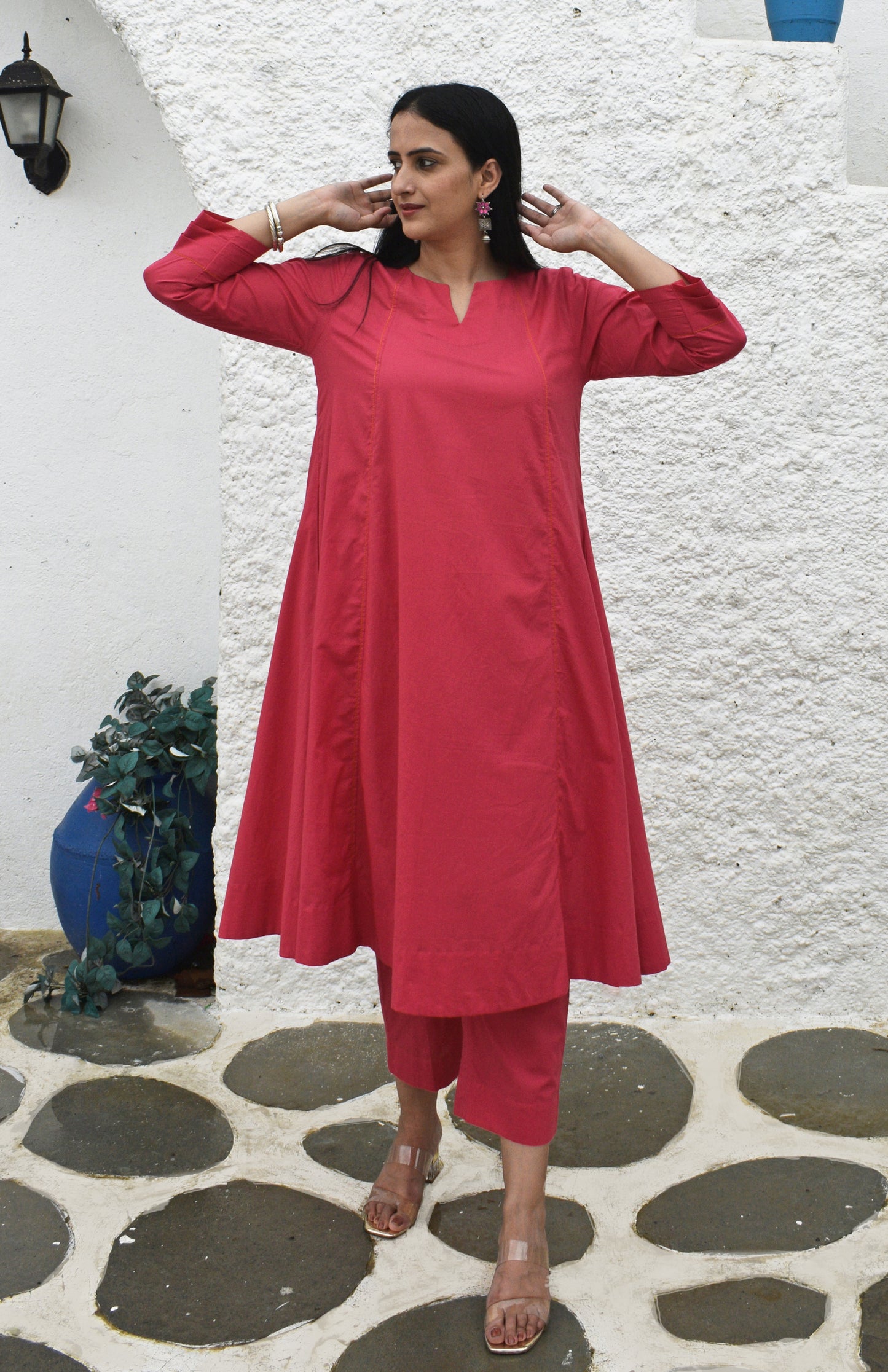 Pink A line cotton kurta with panels