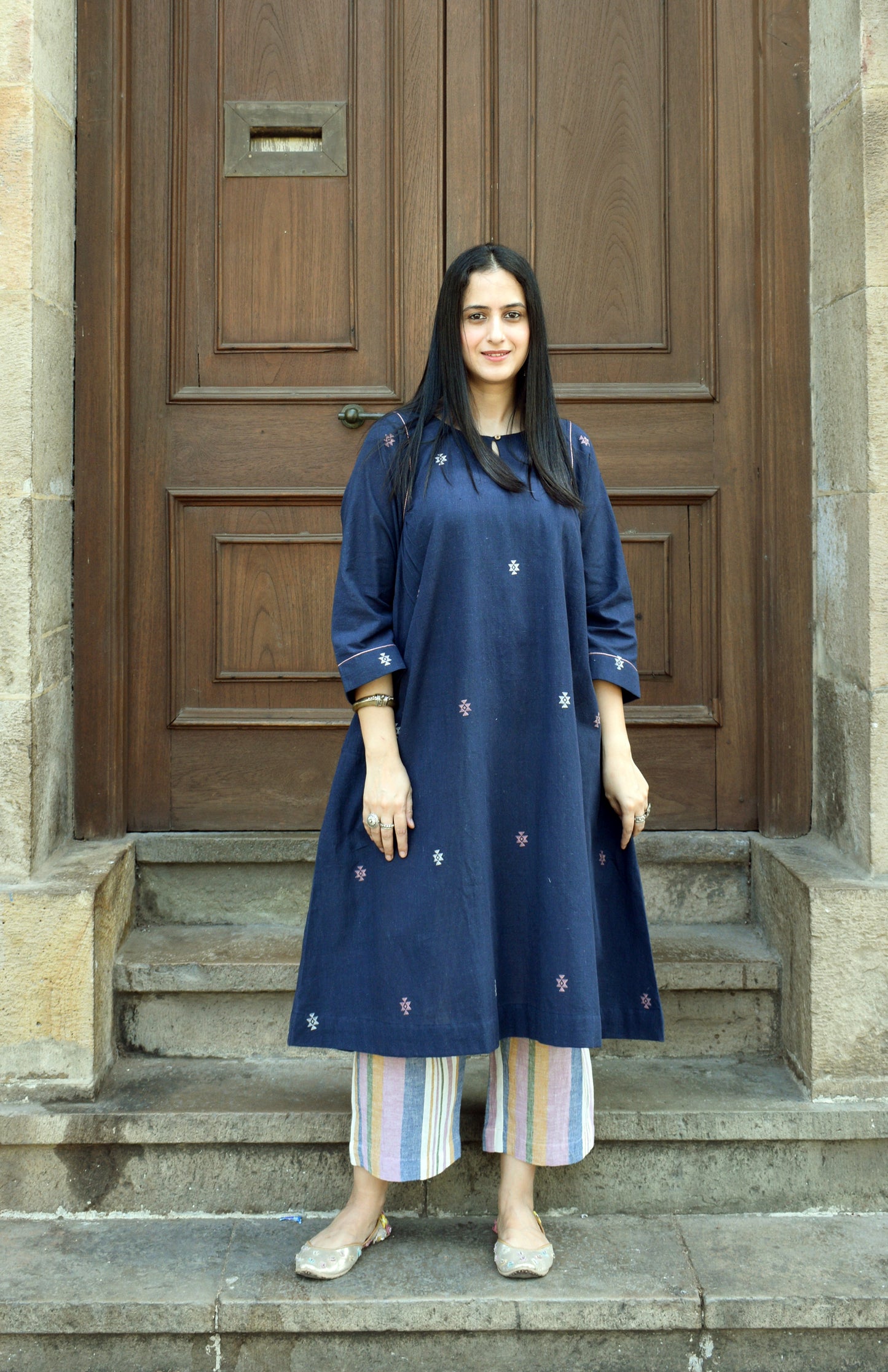 Navy blue kala cotton kurta with side gathers