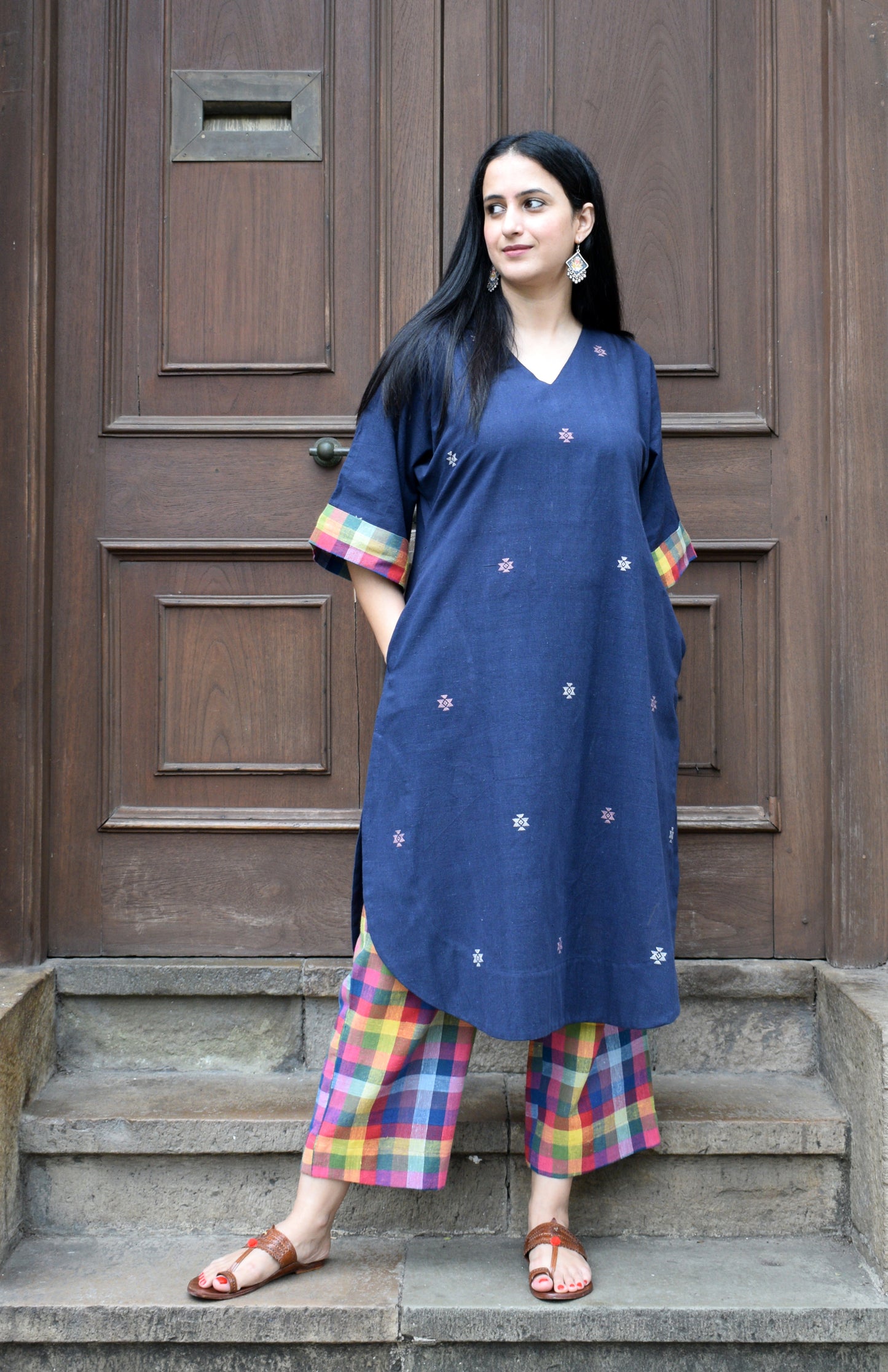 Navy blue Chowmukh Kala Cotton Choga and pants