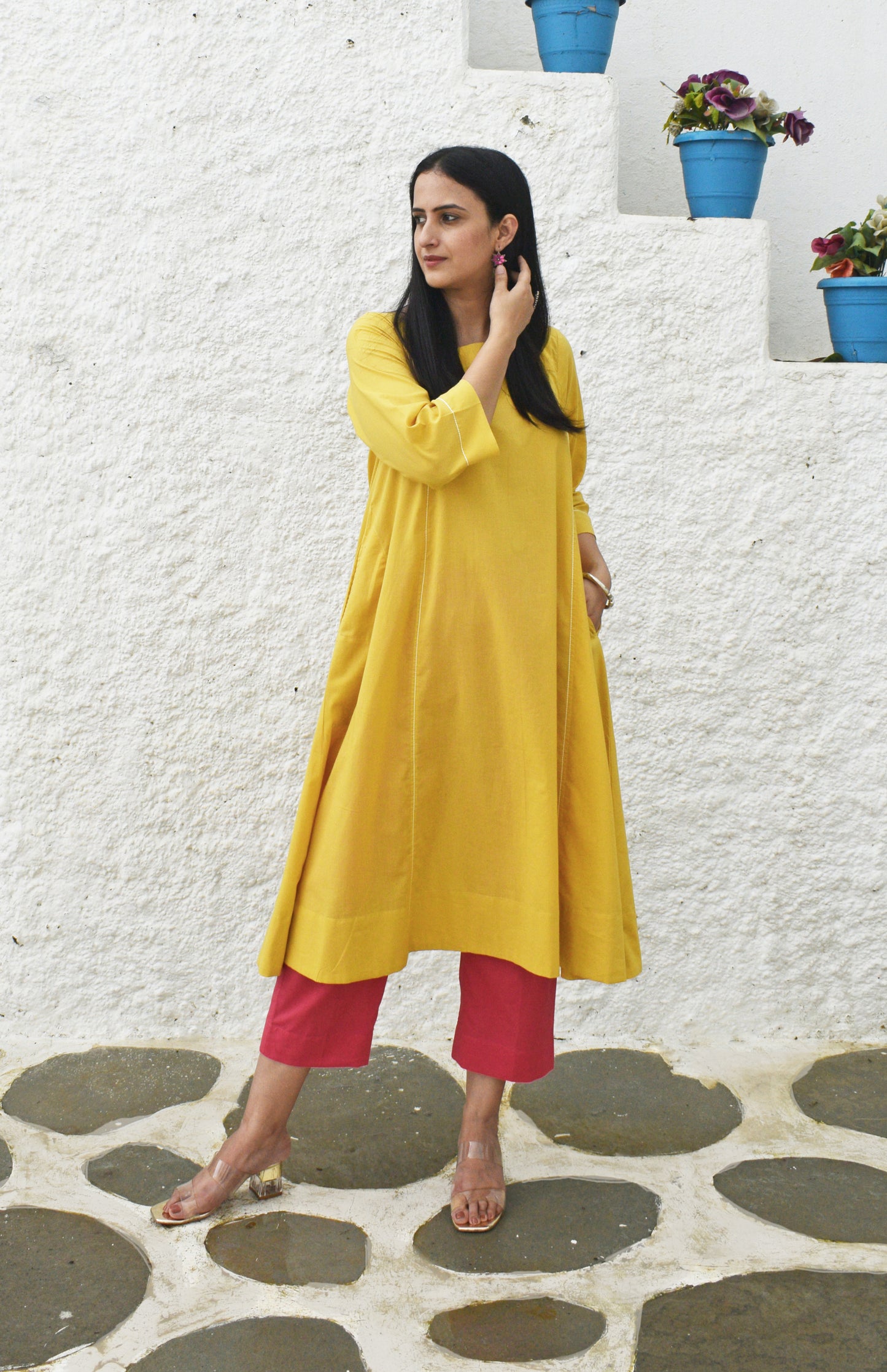 Yellow Flared Cotton Kurta with square neck