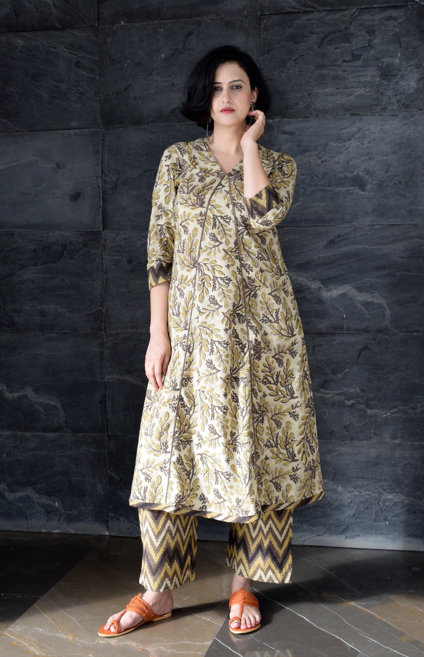 A-line Walnut brown Ajrakh dabu Kurta with pants | Rescue