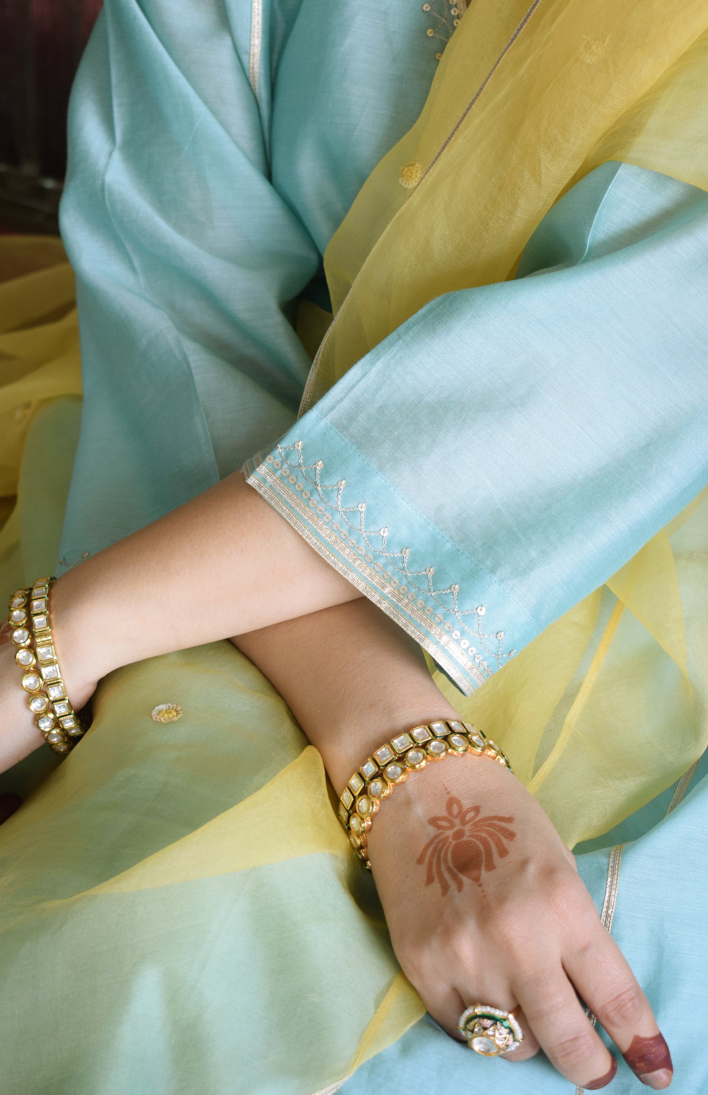 Meher Chanderi Set with Hand Embroidered Phiran Kurta and Wide Legged Pyjama